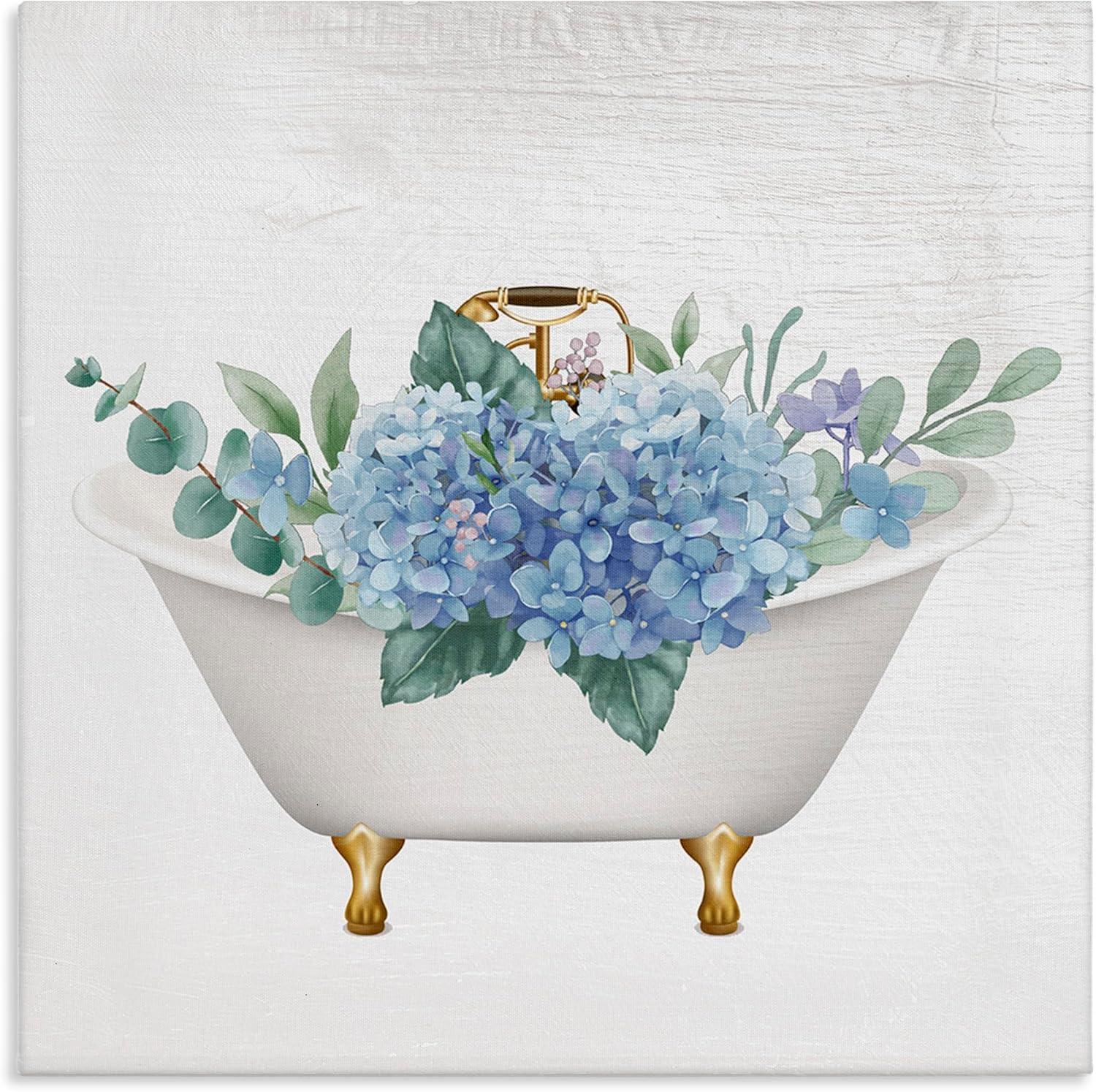 24'' Square White and Blue Botanical Bathtub Canvas Wall Art