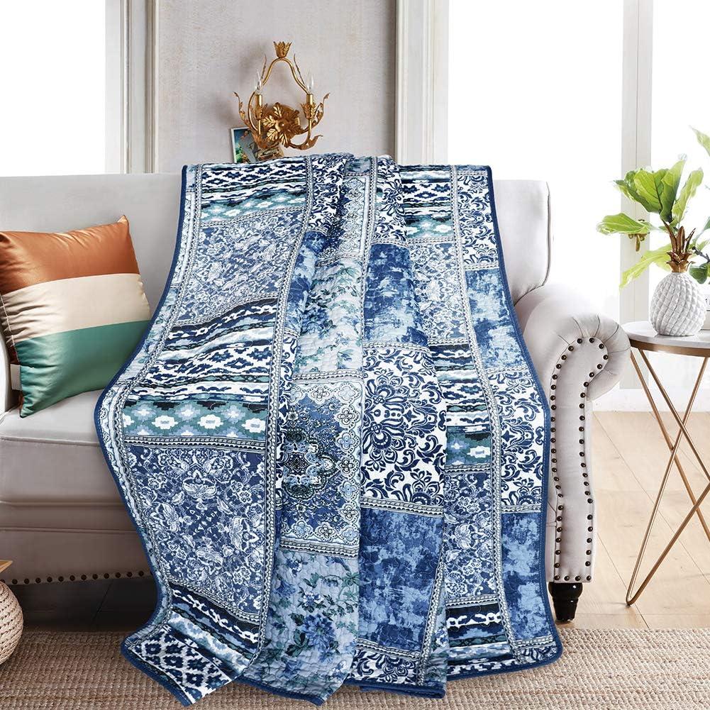 Blue Cotton Reversible Bohemian Throw Blanket 60x78 Inch