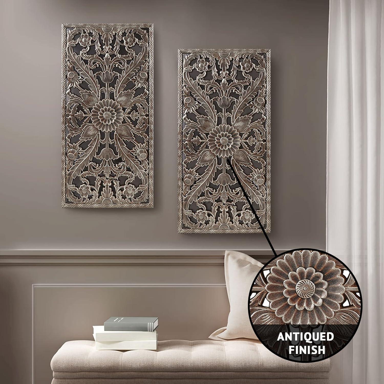 2pc Botanical Carved Wall Decor Panel Set Bronze - Madison Park: MDF Antique Finish, Vertical Orientation