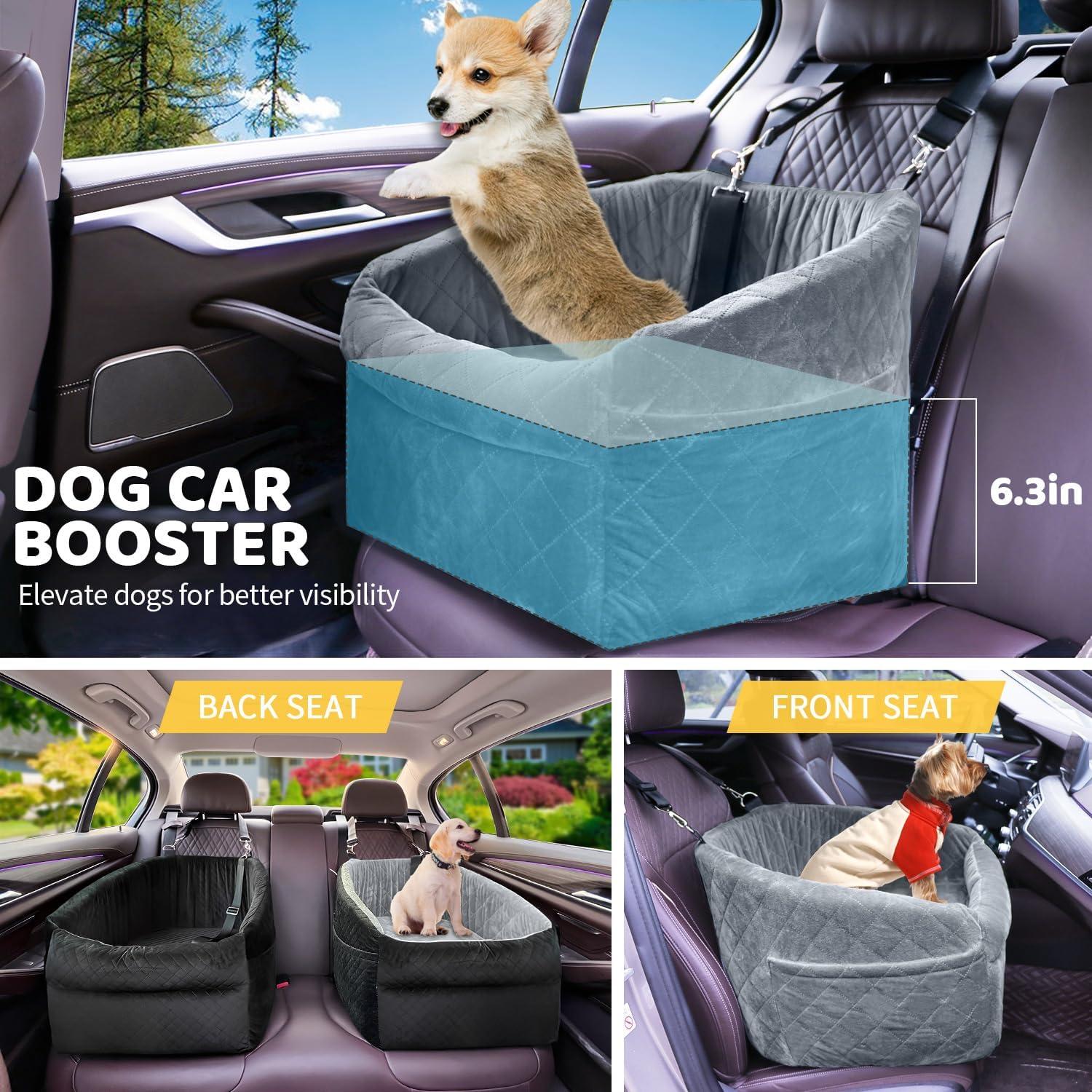 Dog Car Seat for Small/Medium Dogs, Upgrade Dog Booster Seat,Detachable and Washable Pet Car Seats with Thick Cushion Safety Leash and Storage Pockets(Grey)