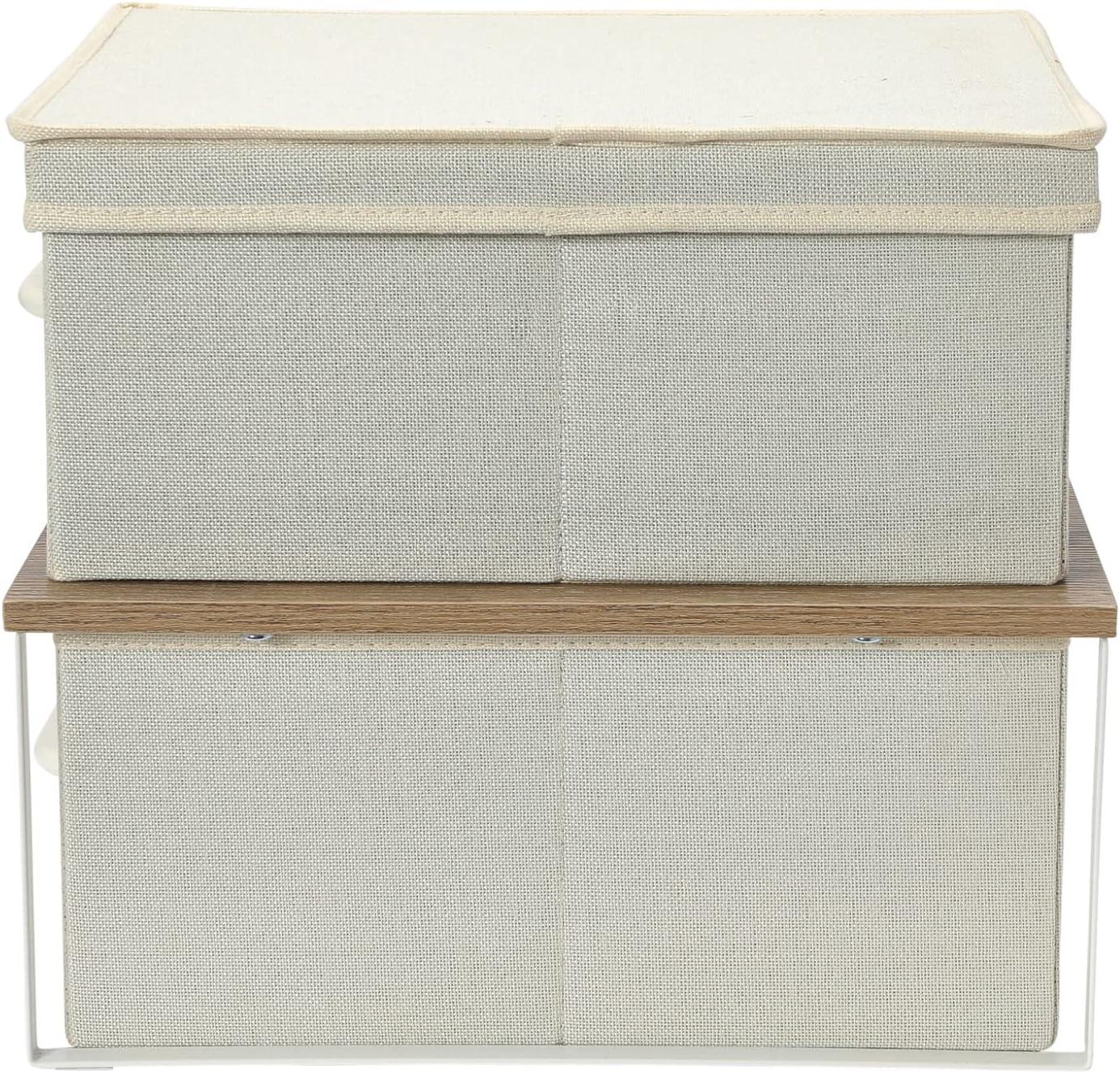 Household Essentials Stacking Storage Boxes with Laminate Top Coastal Oak: MDF Decorative Storage with Lids, Off-White