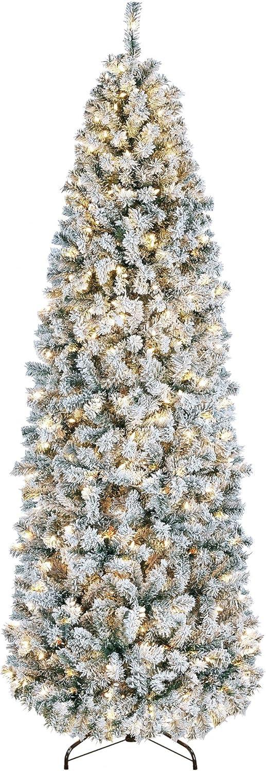 7.5ft Pre-lit Snow-Flocked Kingswood Fir Pencil Artificial Christmas Tree