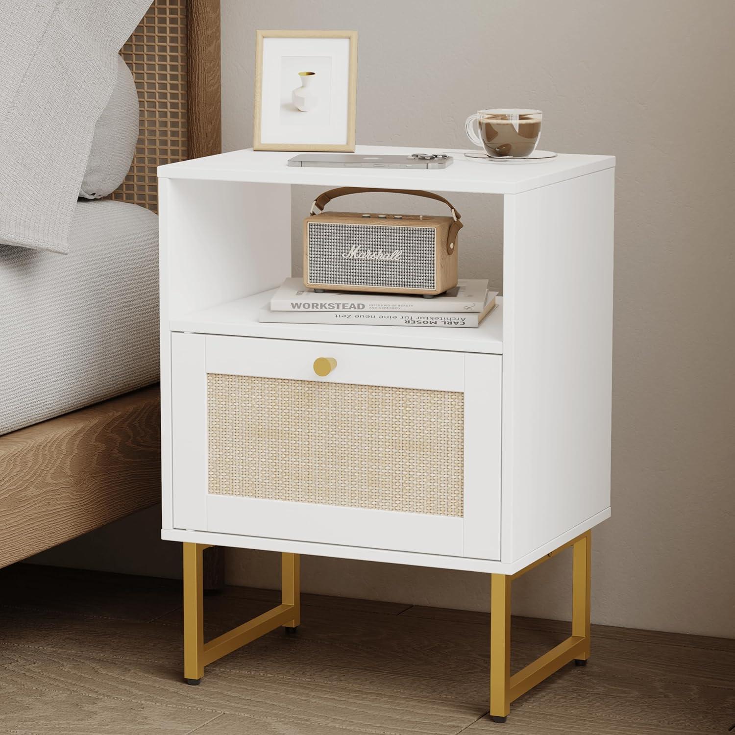 White and Gold Modern Rattan Nightstand with Drawer