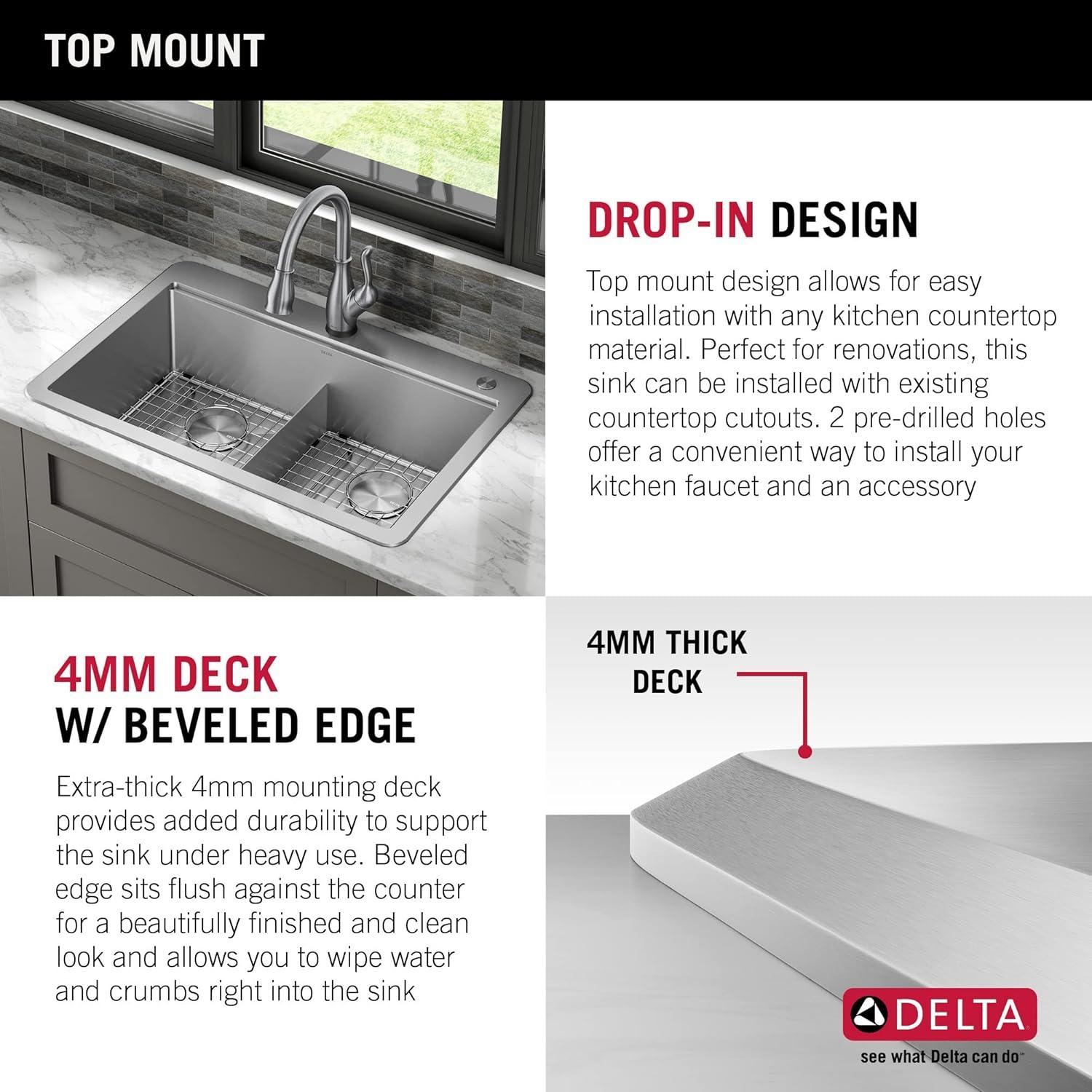 Delta Lorelai™ 33" L Workstation Kitchen Sink Drop-In Top Mount 16 Gauge Stainless Steel Double Bowl