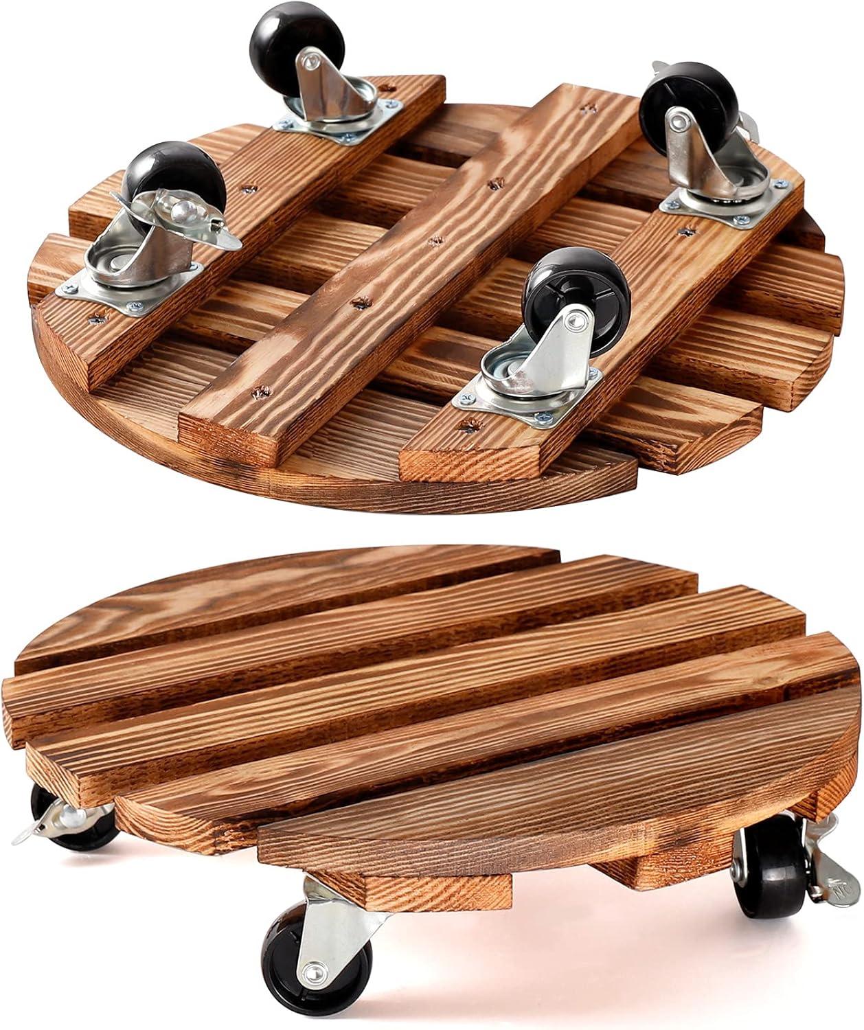 BUSATIA 2pack 12" Plant Caddy Plant Stand with Wheels,Rolling Plant Stand Heavy Duty Wooden Round Plant Dolly Rollers with 360°Metal Lockable Casters Indoor Outdoor Pot Plant Roller Base Caddies