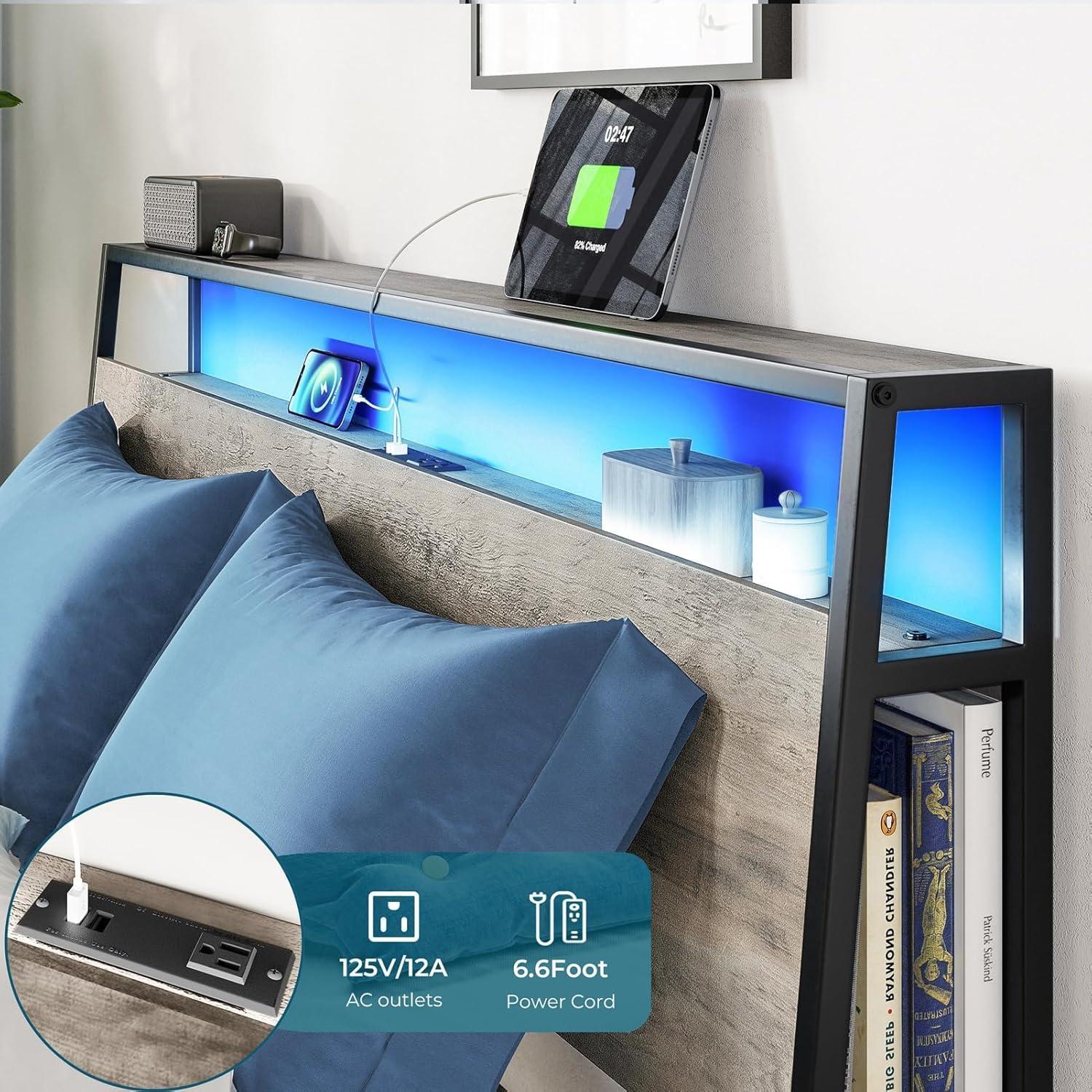 Linsy Home Queen Size Platform Bed Frame with Headboard and 3 Storage Shelves, Metal Bed with Lights, Outlets & USB, Light Grey, Mattress Not Included