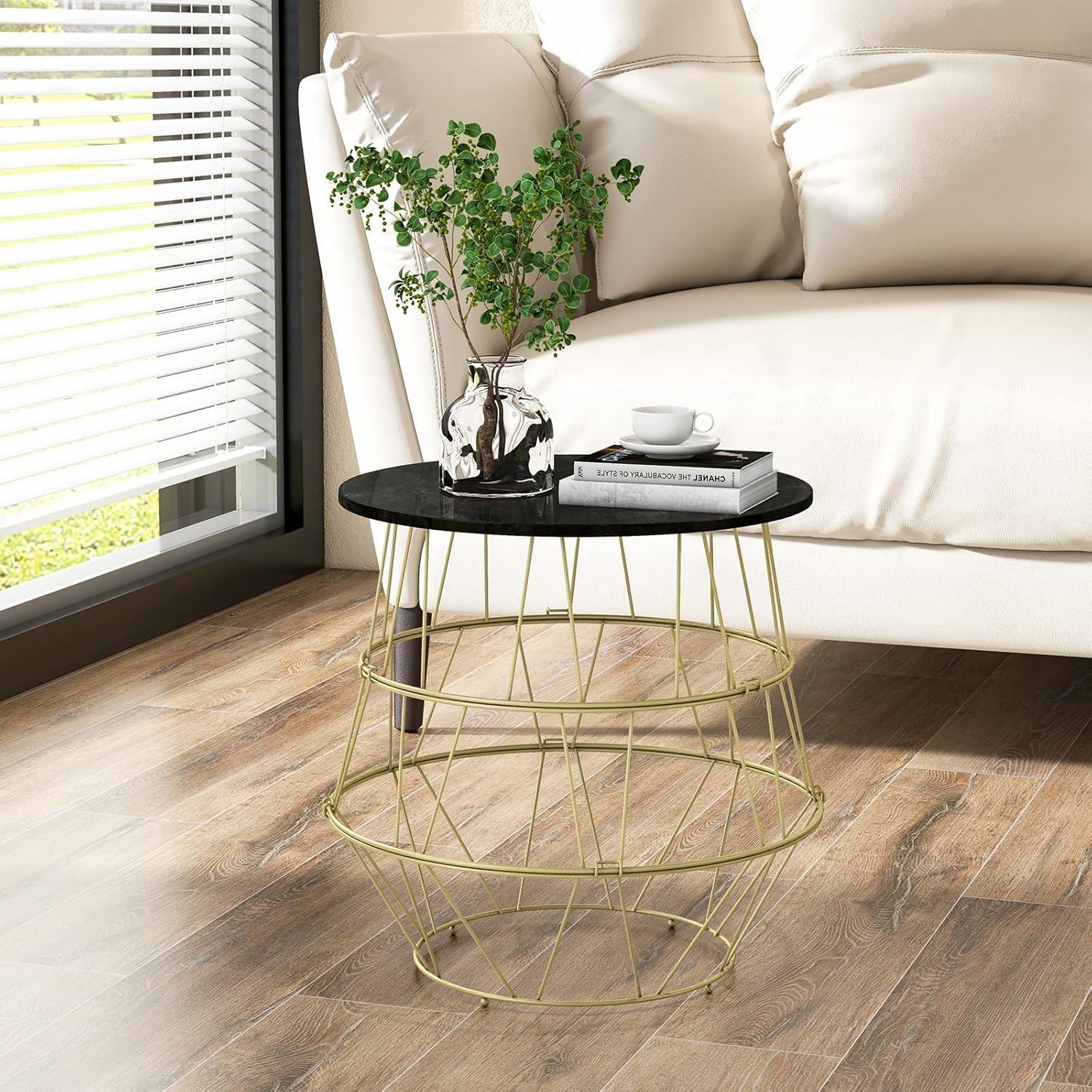 Giantex Faux Marble Coffee Table, Round Side End Table with Gold Metal Frame & Removeable Top, Modern Sofa Accent Bedside Table for Living Room, Bedroom, Small Space, Easy Installation (1)