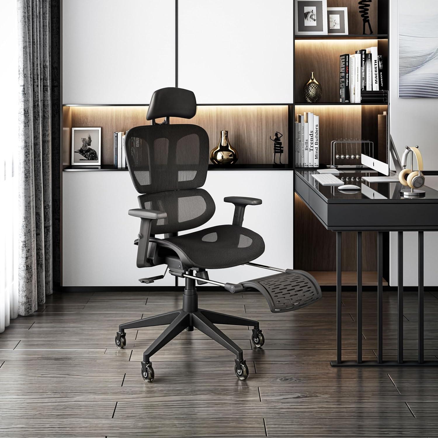 Black Ergonomic Mesh Office Chair with Adjustable Arms and Footrest