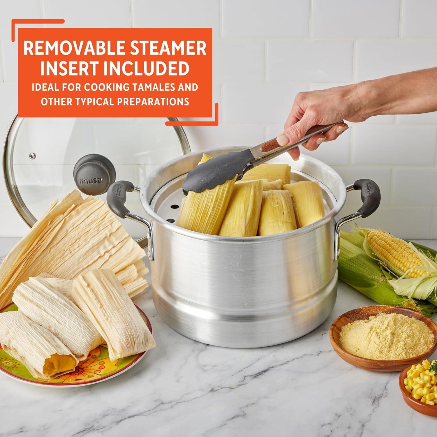 Imusa 10Qt Aluminum Steamer or Stock Pot with Glass Lid & Removable Rack