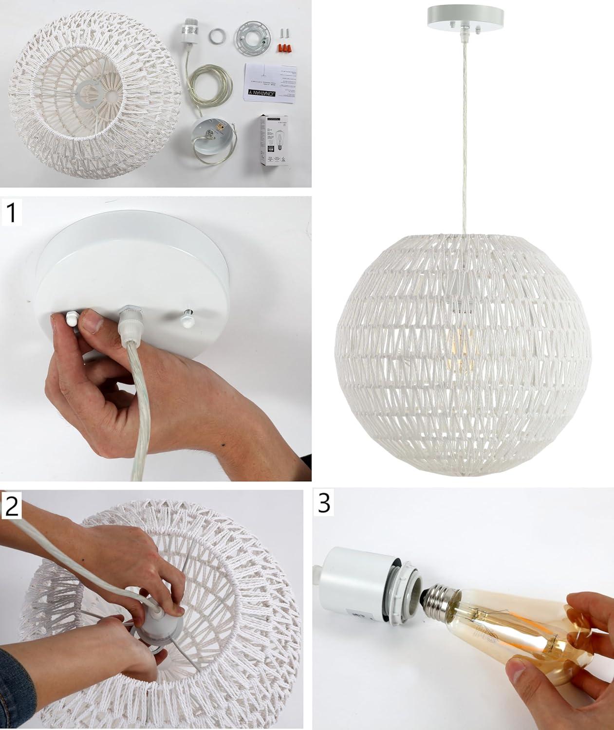 Luna 15.75" 1-Light Bohemian Modern Woven Rattan/Iron LED Pendant, Cream/White