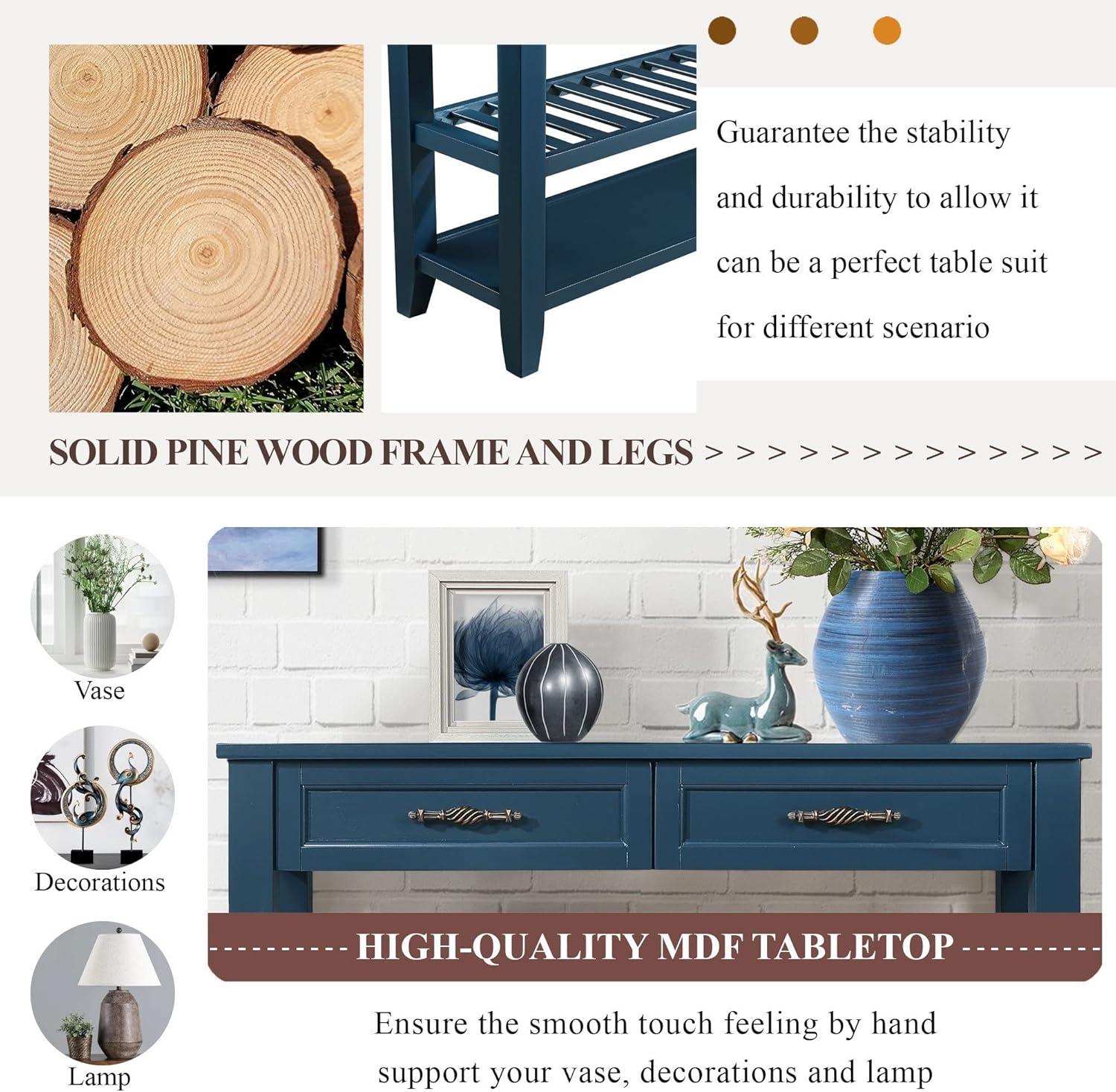 42inch Mid-Century Wood Console Table with 2 Drawers and 2 Bottom Shelf Sofa Table Solid Wood Sideboard(Navy Blue)