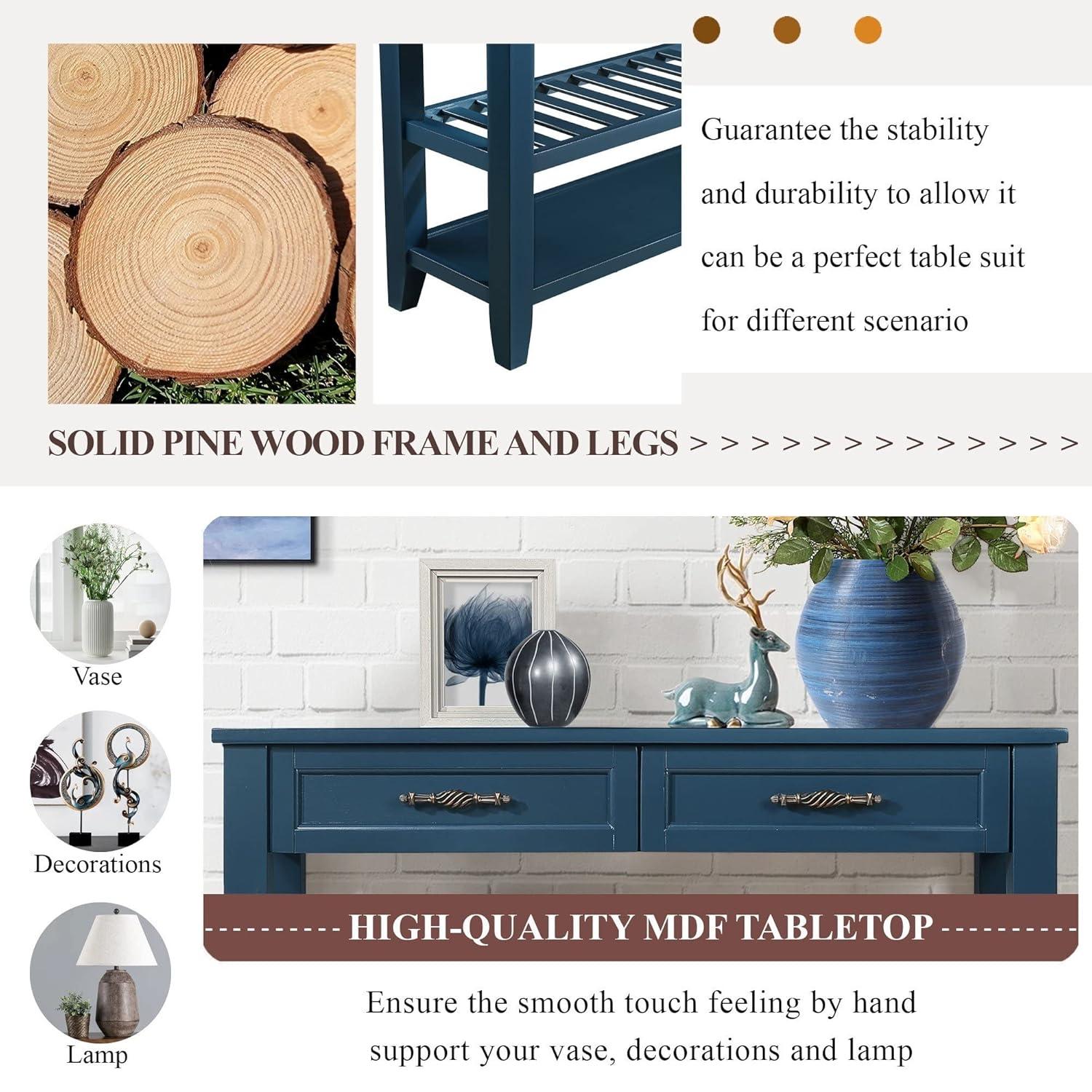 42inch Mid-Century Wood Console Table with 2 Drawers and 2 Bottom Shelf Sofa Table Solid Wood Sideboard(Navy Blue)