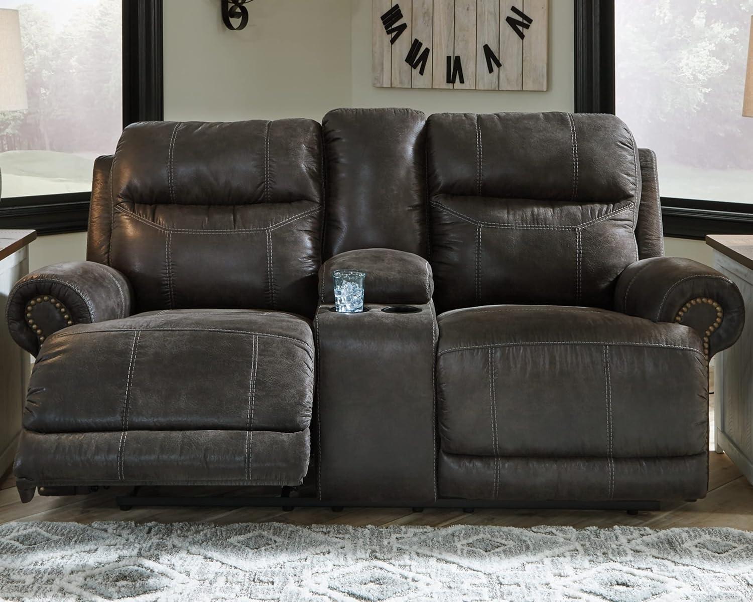 Charcoal Faux Leather Reclining Loveseat with Cup Holder