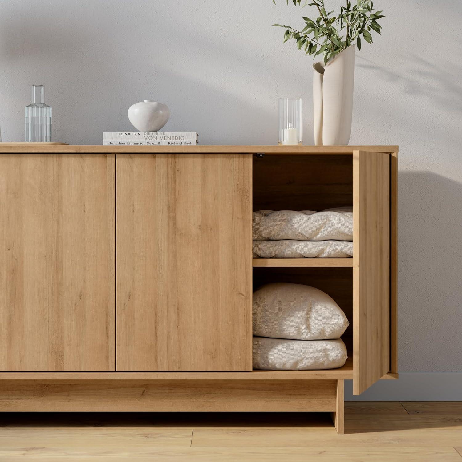 Prepac Natural Oak Finnley Sideboard Cabinet Buffet Cabinet with Storage Accent Cabinet for Living Room, Kitchen, Entryway Cabinet with Adjustable Shelves Push Latch System 16"D x 61.5"W x 30.75"H