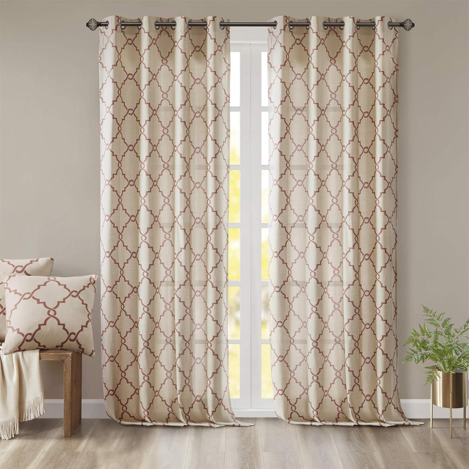 Beige and Spice Fretwork Cotton Blend Grommet Curtain Panel