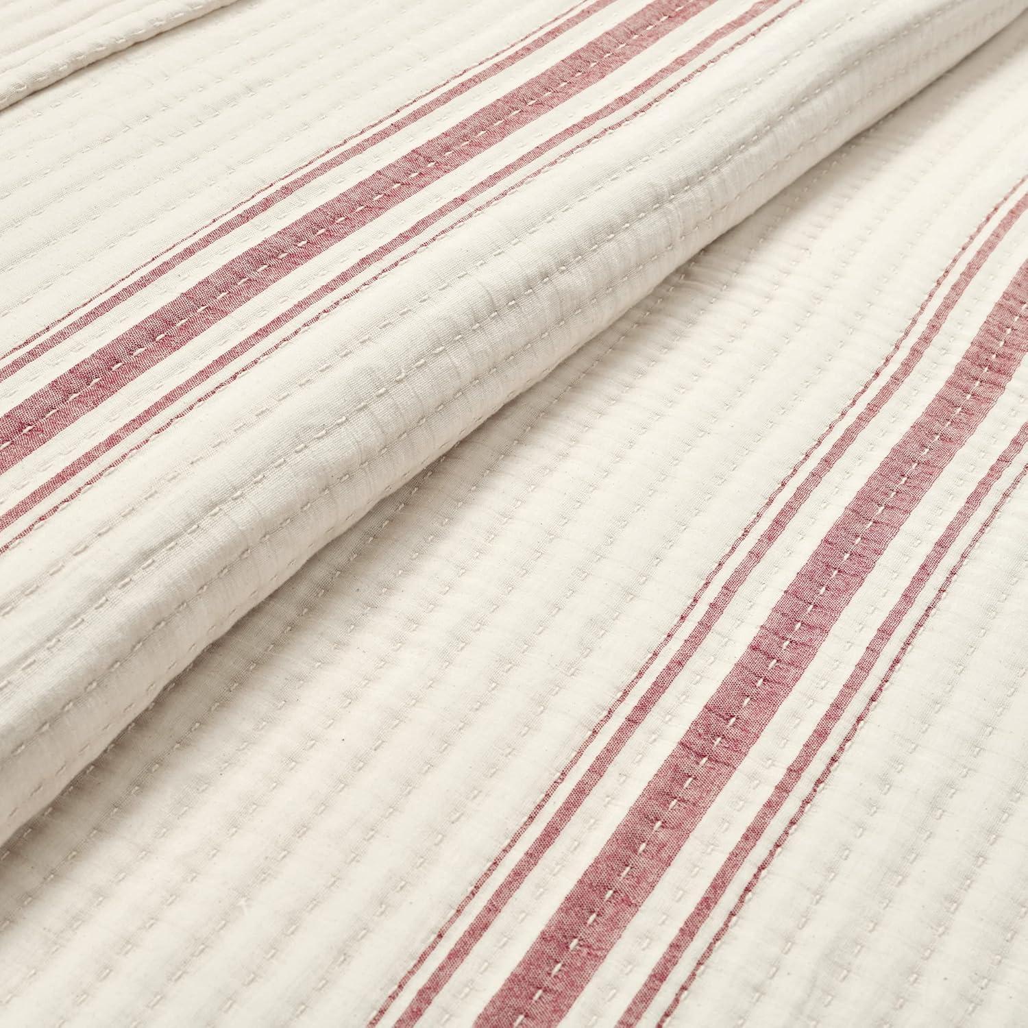 Lush Décor Full/Queen Farmhouse Stripe Kantha Pick Stitch Yarn Dyed Cotton Woven Single Quilt/Coverlet Red: Reversible, OEKO-TEX Certified