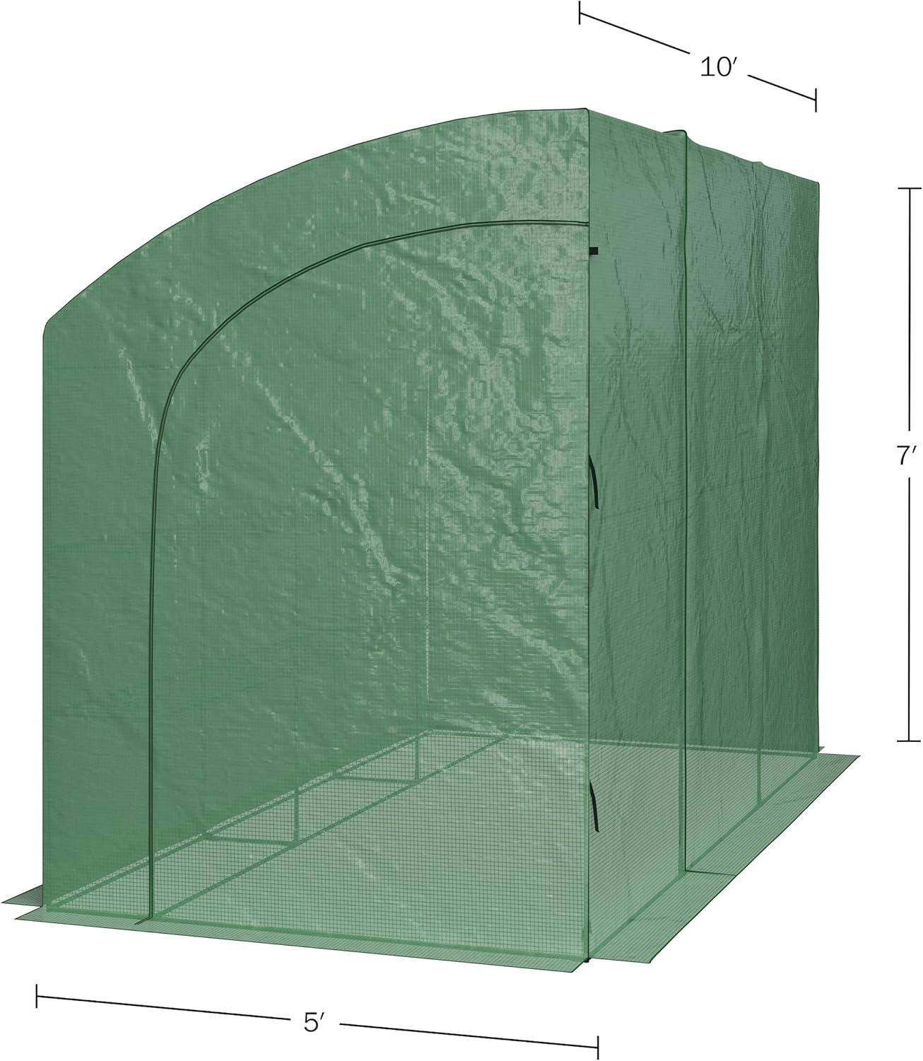 Lean To Greenhouse - 10ft x 5ft x 7ft Walk In Green House with Roll-Up Zippered Doors and 6 Shelves - Gardening Supplies by Home-Complete (Green)