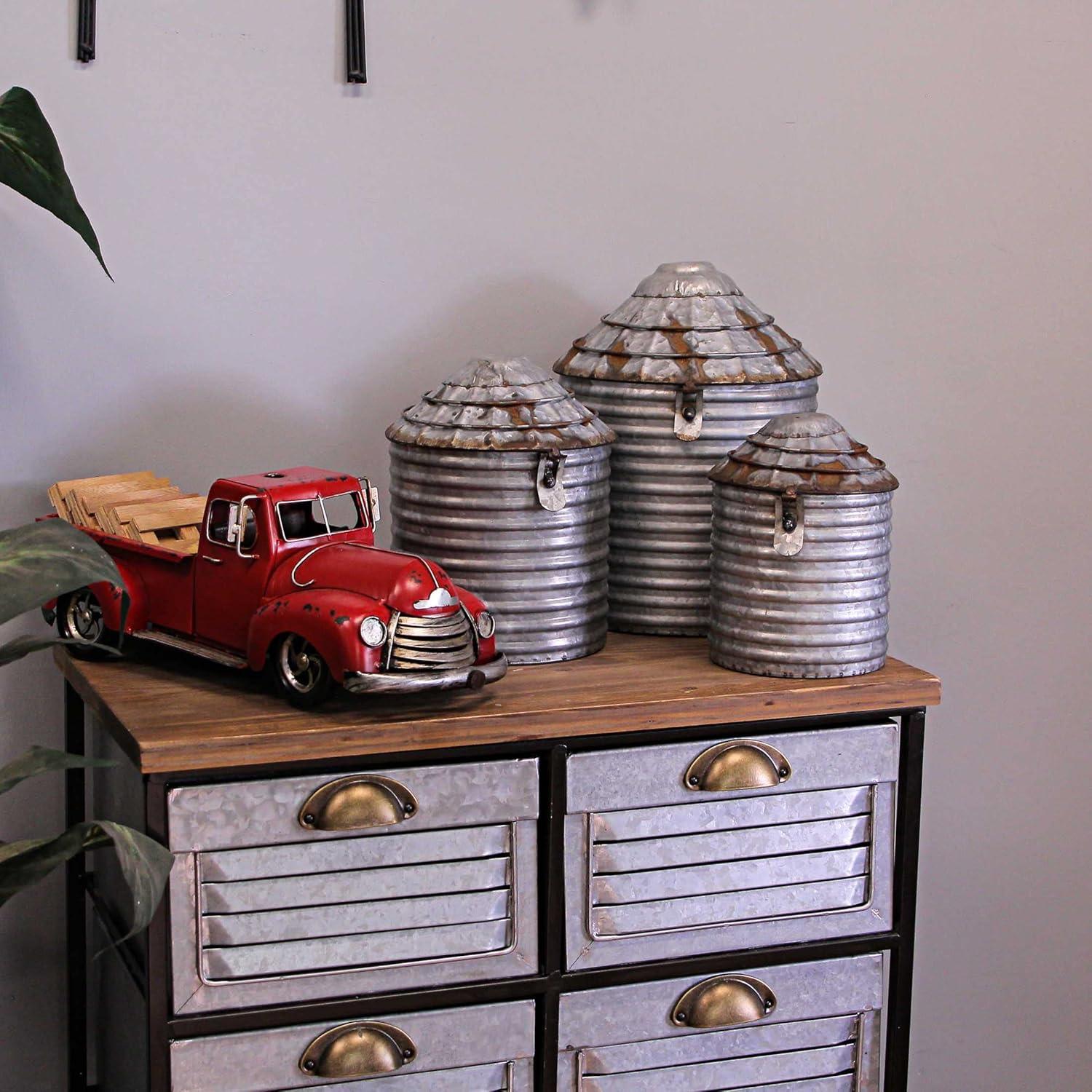 Set of 3 Grey Galvanized Metal Farmhouse Silo Canisters