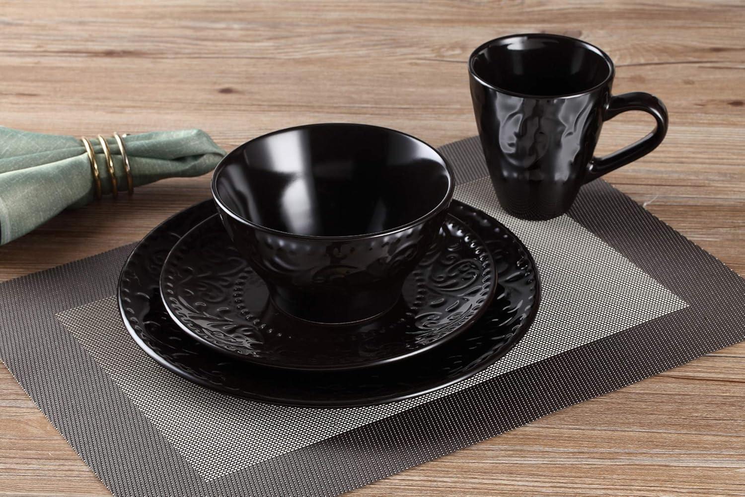 Black Embossed Ceramic 16-Piece Dinnerware Set