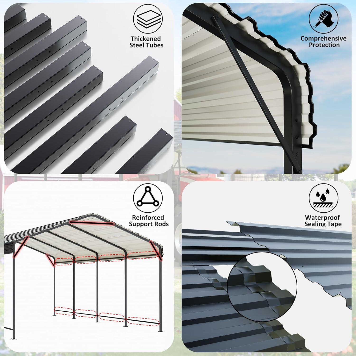 Black 10x15 FT Metal Carport with Peak Roof