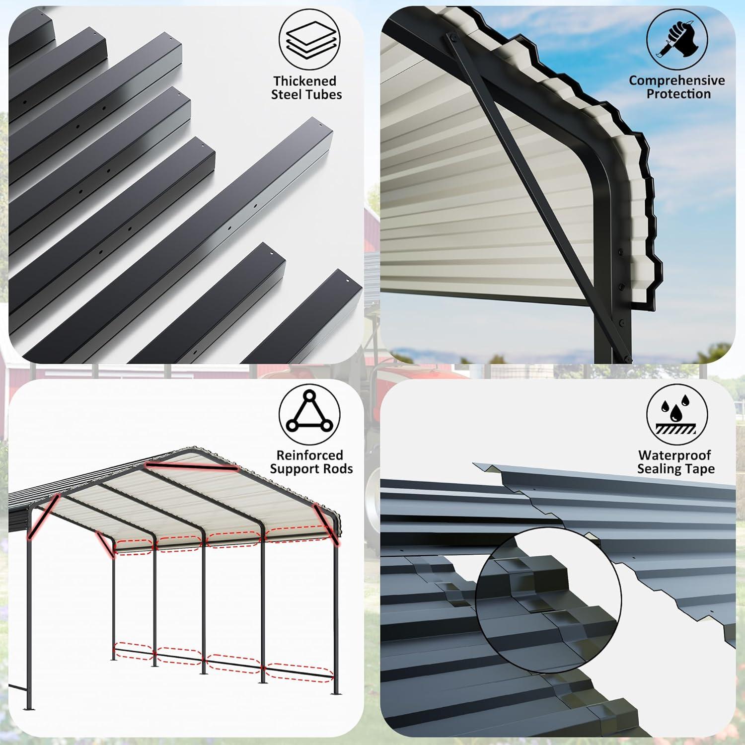 Carport 12x20 FT Metal Carport with Enhanced Base Outdoor Heavy Duty Garage Galvanized Car Shelter for Pickup, Boat, Car and Tractors