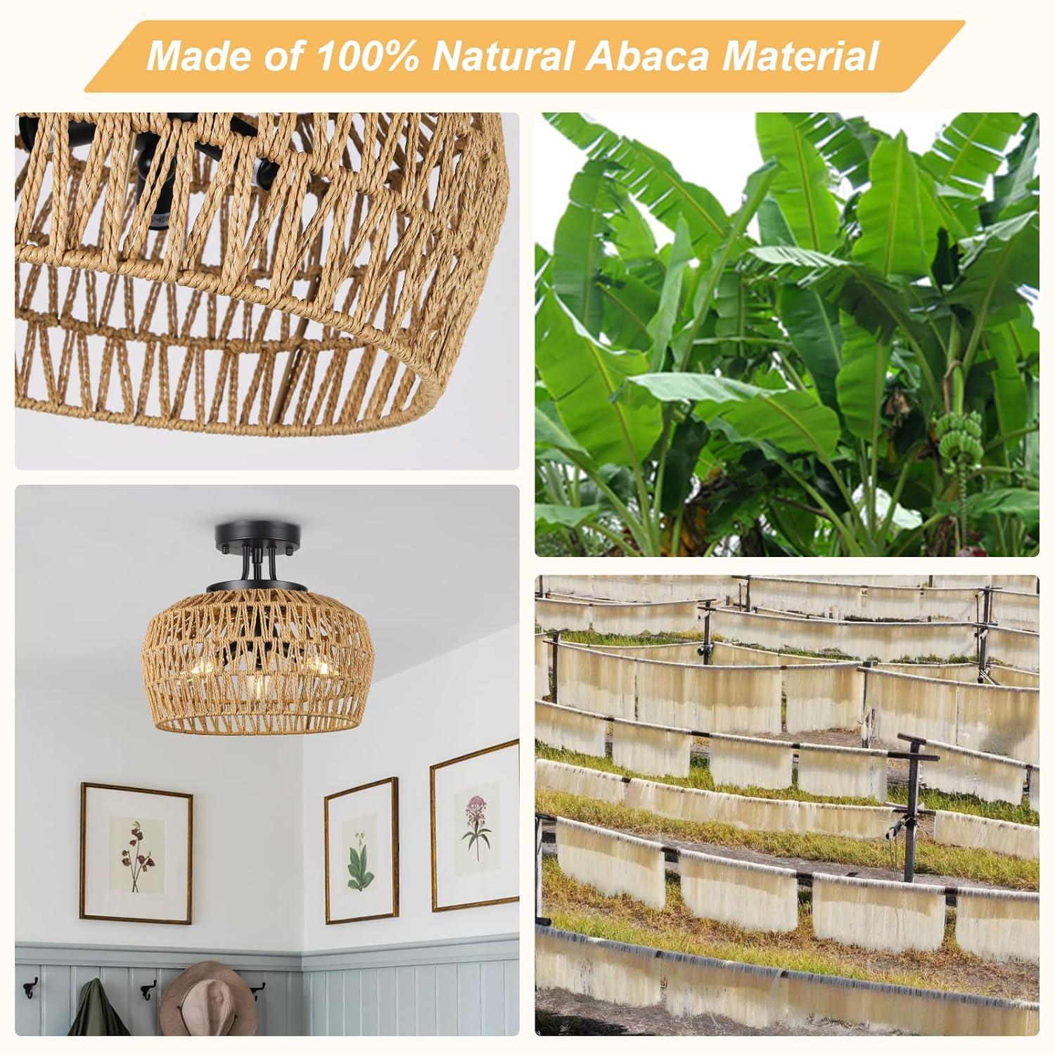 ACE-LIGHTS,3-Lights Semi Flush Mount Boho Chandelier Ceiling Light,Rattan Light Fixture Ceiling Mount with Handmade Wicker Lampshade for Bedroom,Living Room,Hallway,Kitchen(Brown)