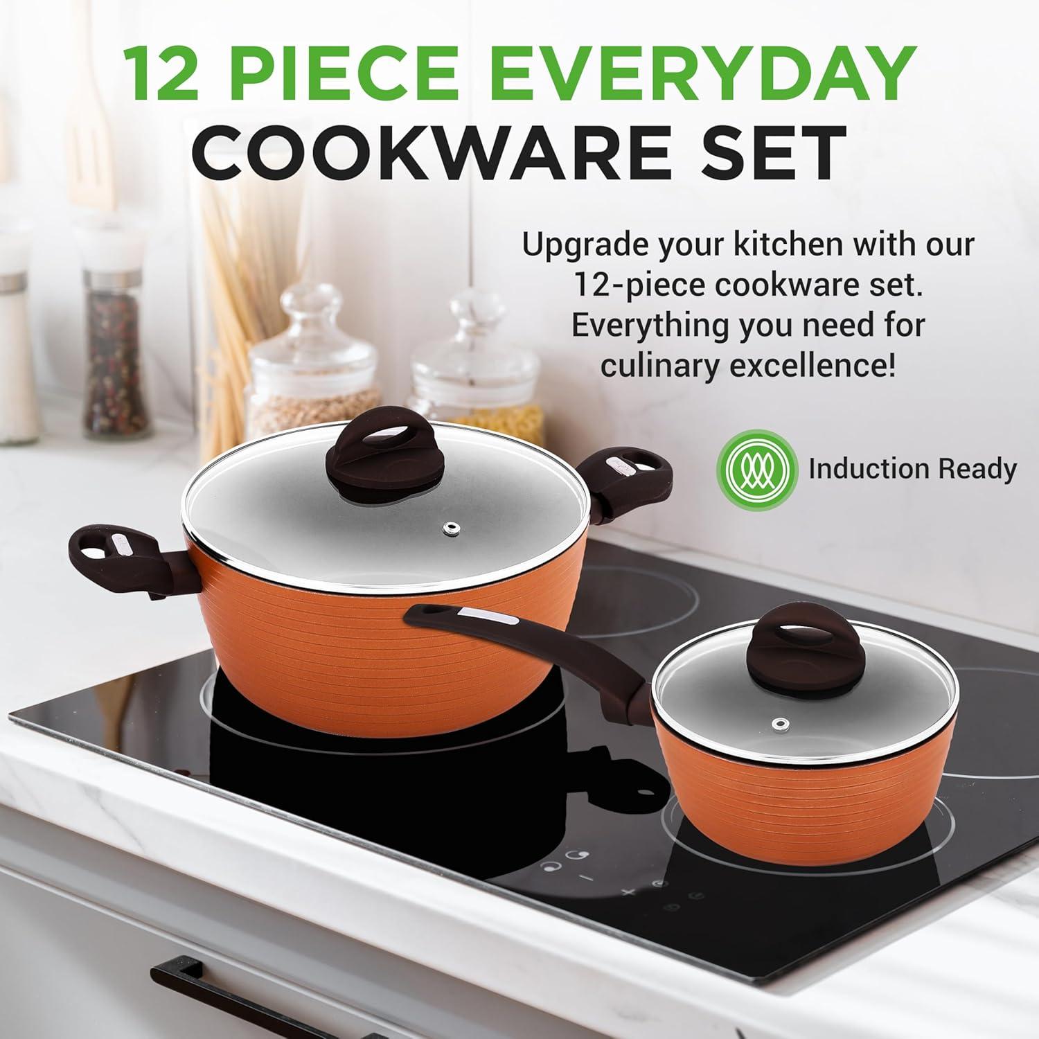 NutriChef 12 Piece Kitchenware Pots & Pans Set - Heat Resistant Lacquer Outside (Brown)