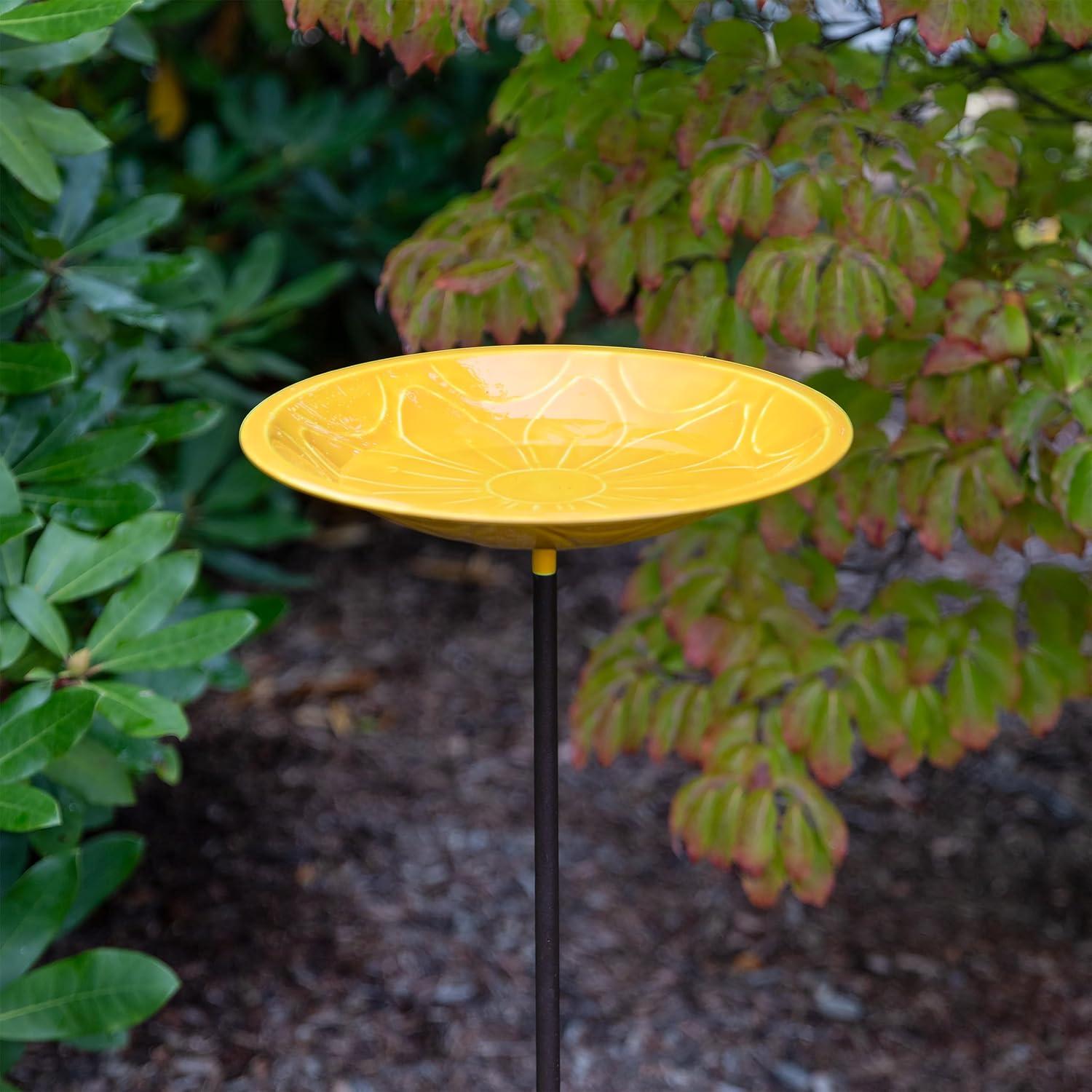 Sunflower Yellow Glass Birdbath with Iron Stake