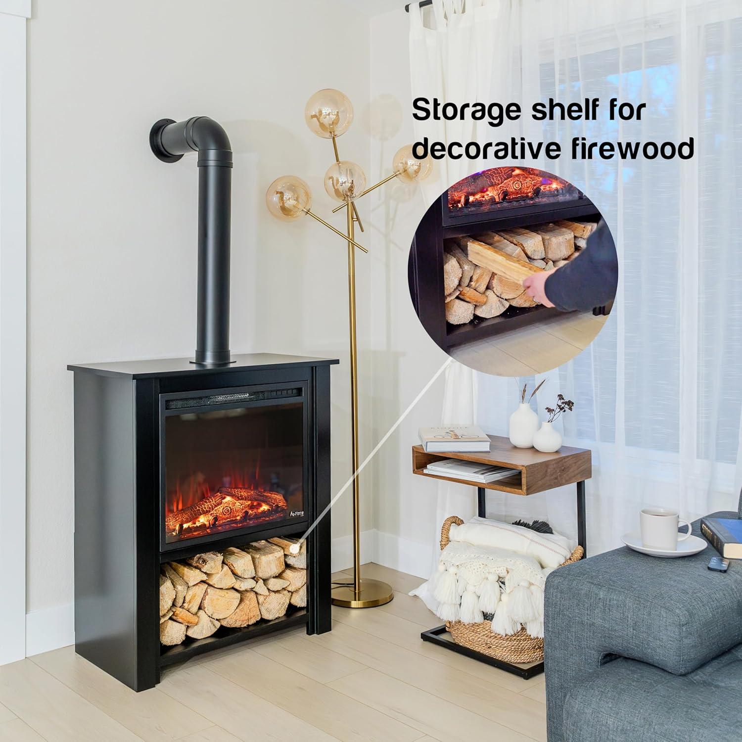 Innsbruck Electric LED Fireplace Stove - Décor Chimney Flue and Wood - 32" Wide x 38" Tall – Soot Black Finish - New 2024