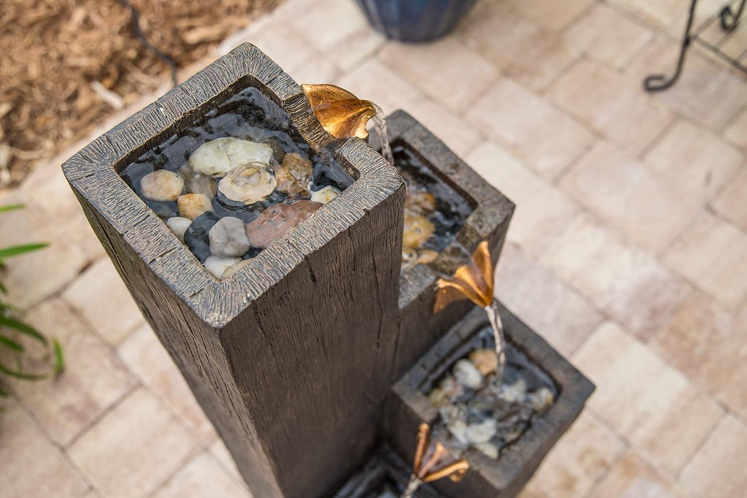 Lincoln Dark Wood Grain Resin Floor Fountain with Copper Spouts