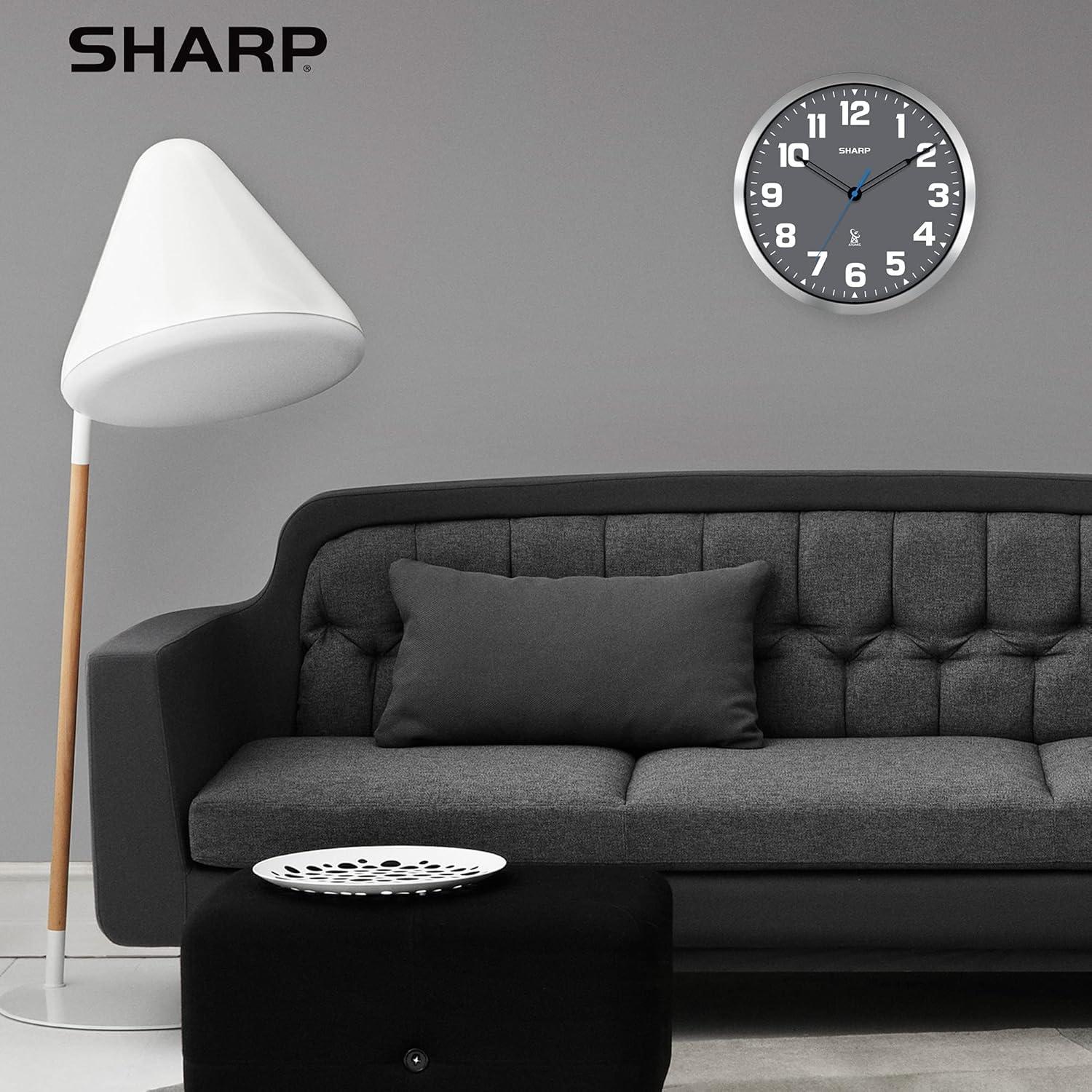 Sharp Atomic Analog Wall Clock - 12" Grey Face Silver Finish Auto Set Battery Opp Modern Design