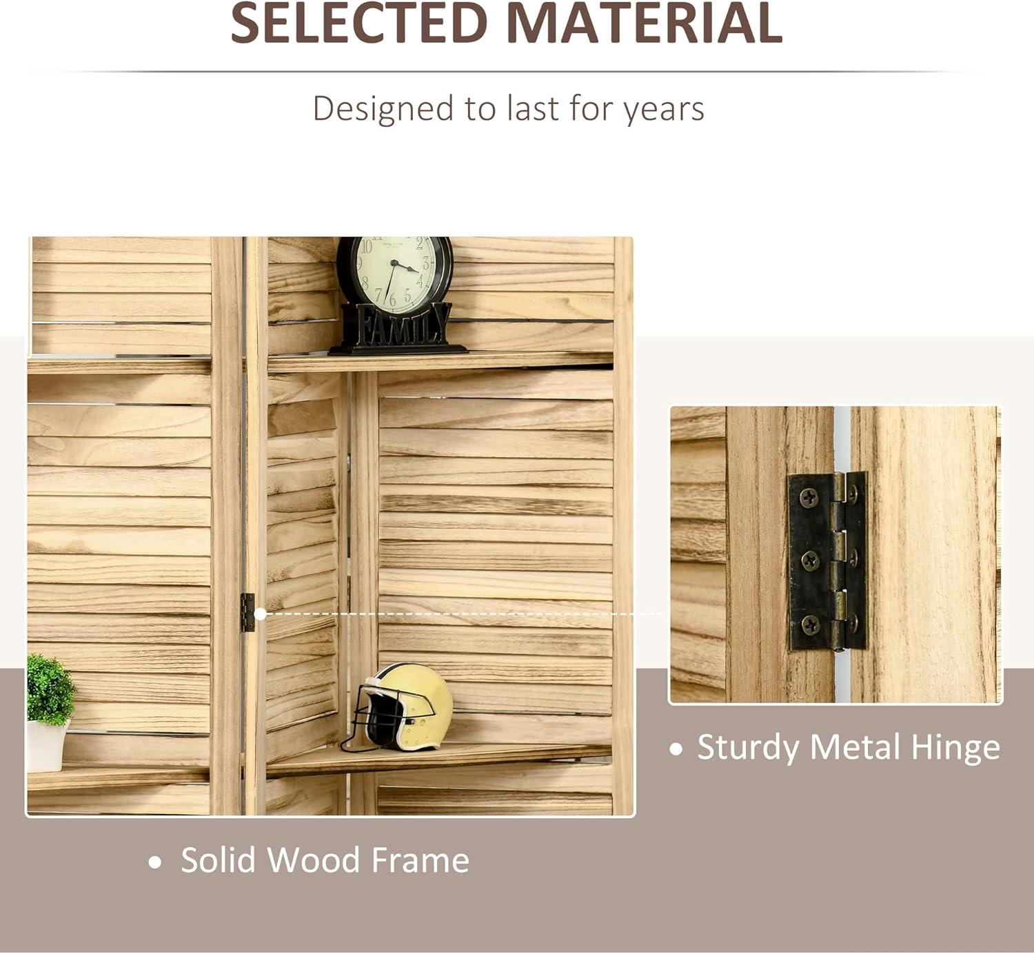 HOMCOM Room Divider, 4 Panel 67" Tall Wood Privacy Screen with 3 Display Shelves, and Folding Storage for Bedroom or Home Office, Natural Wood Color