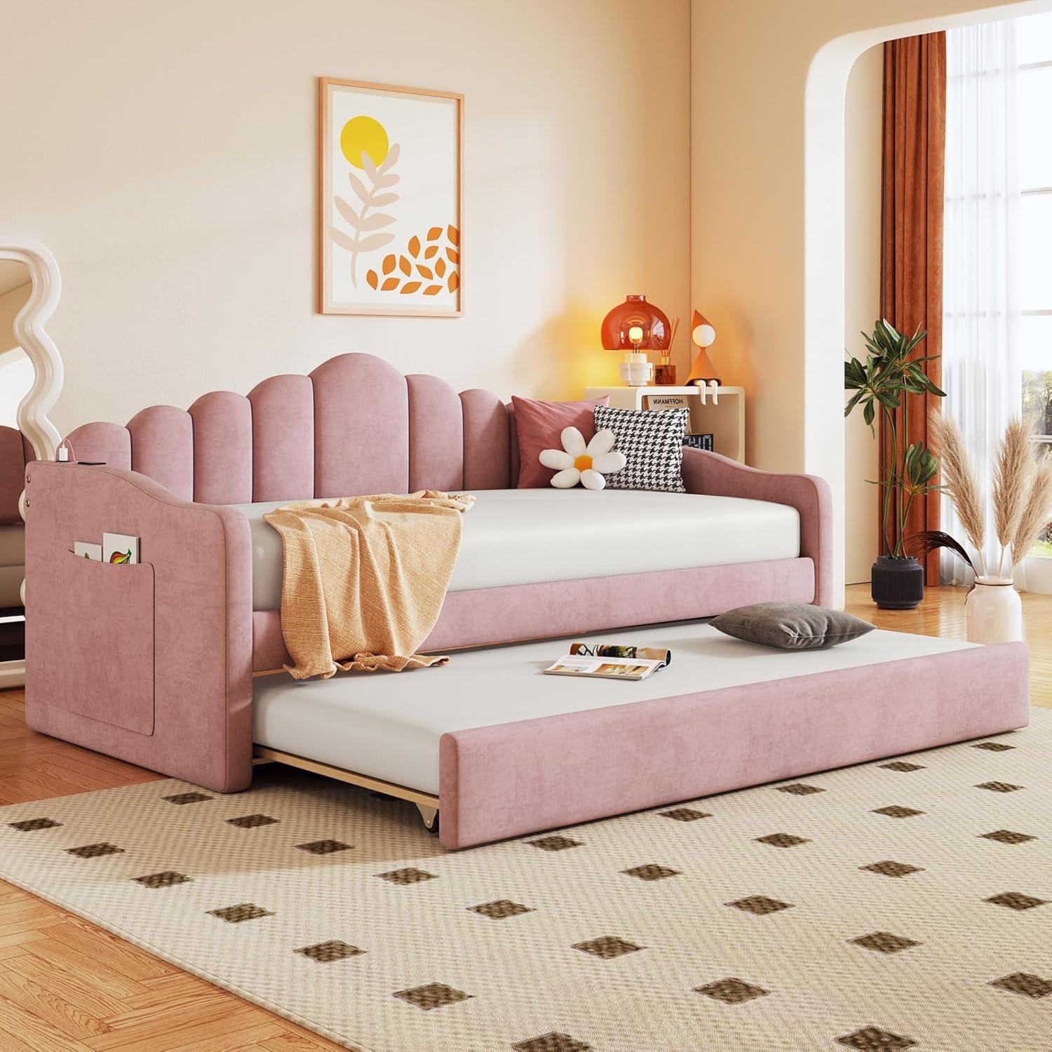 Pink Velvet Twin Daybed with Trundle and Storage