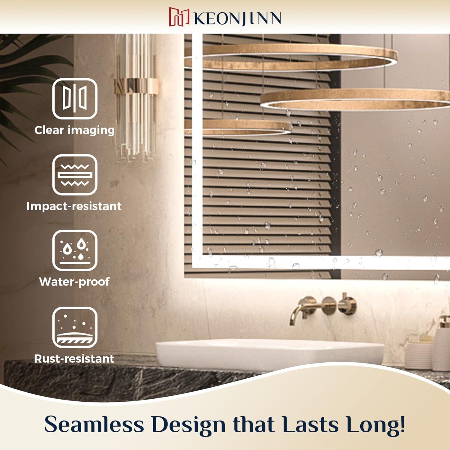 Keonjinn LED Bathroom Mirror 60 ” x 36 ” with Frontlit & Backlit, Lighted Mirror with Stepless Dimmable 3-Color Lights, Bathroom Vanity Mirror with HD Tempered Glass, UL-Listed LED Driver, CRI90+
