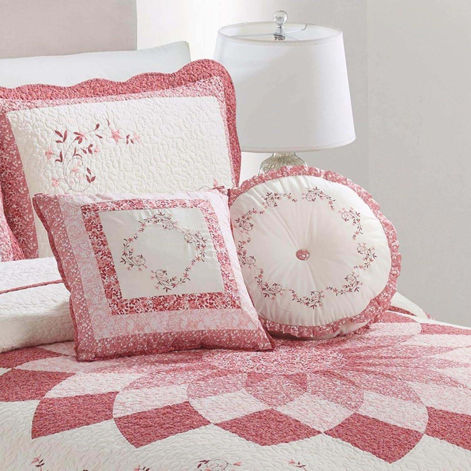 Caroline Red and White Embroidered Floral Square Pillow