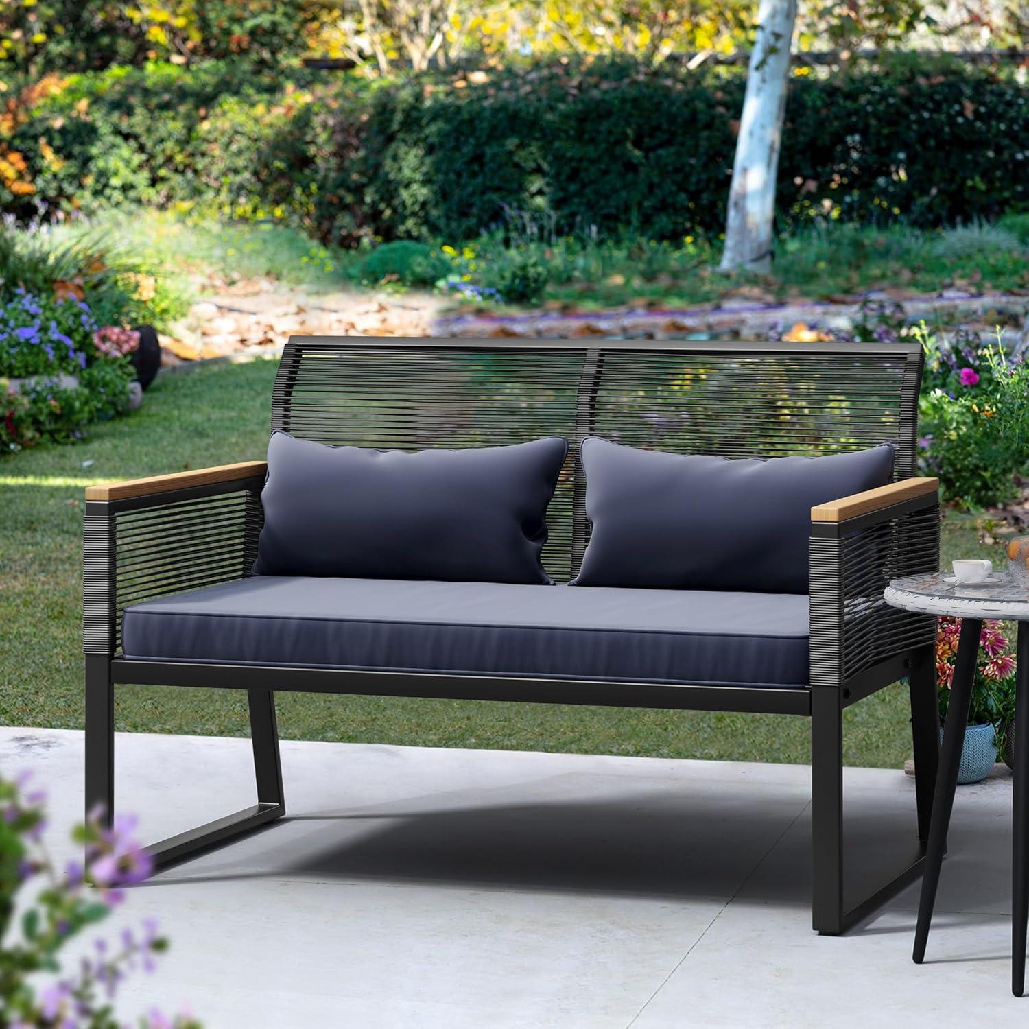 Dark Gray Wicker and Wood Outdoor Loveseat with Cushions