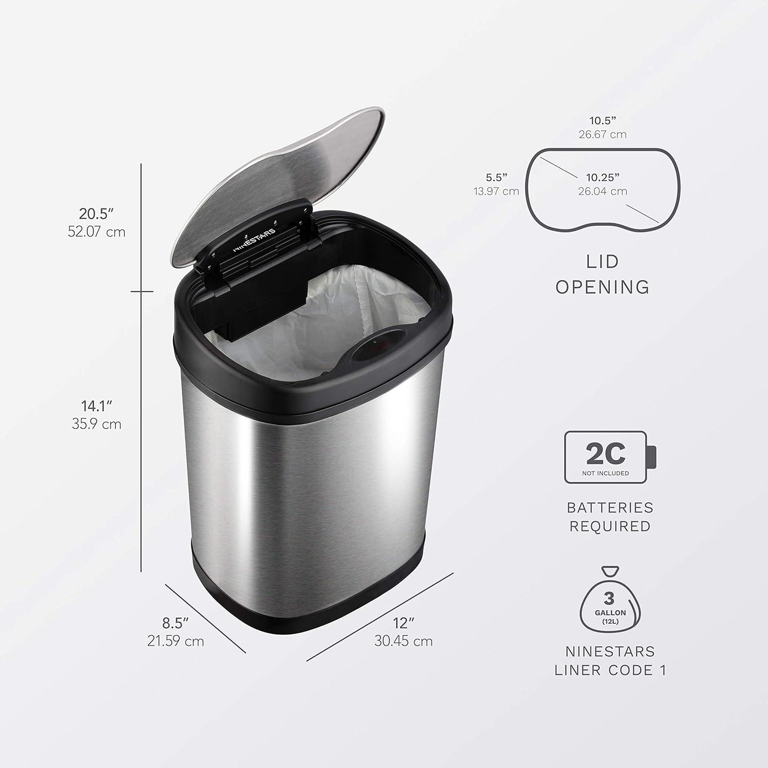 Nine Stars 3.2gal/12L Motion Sensor Trash Can Silver: Stainless Steel, Kitchen, Rectangle, Trash Can with Lid
