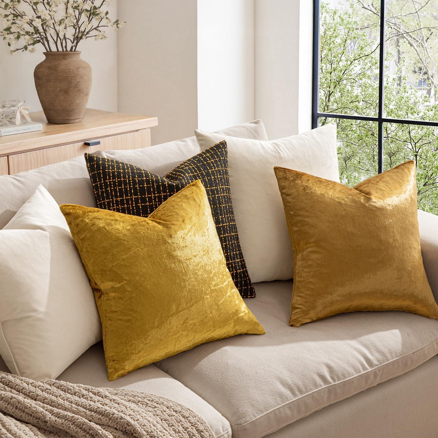 MIULEE Pack of 2 Velvet Soft Solid Decorative Square Throw Pillow Covers Set Fall Cushion Cases for Sofa Bedroom Couch 18 x 18 Inch Golden