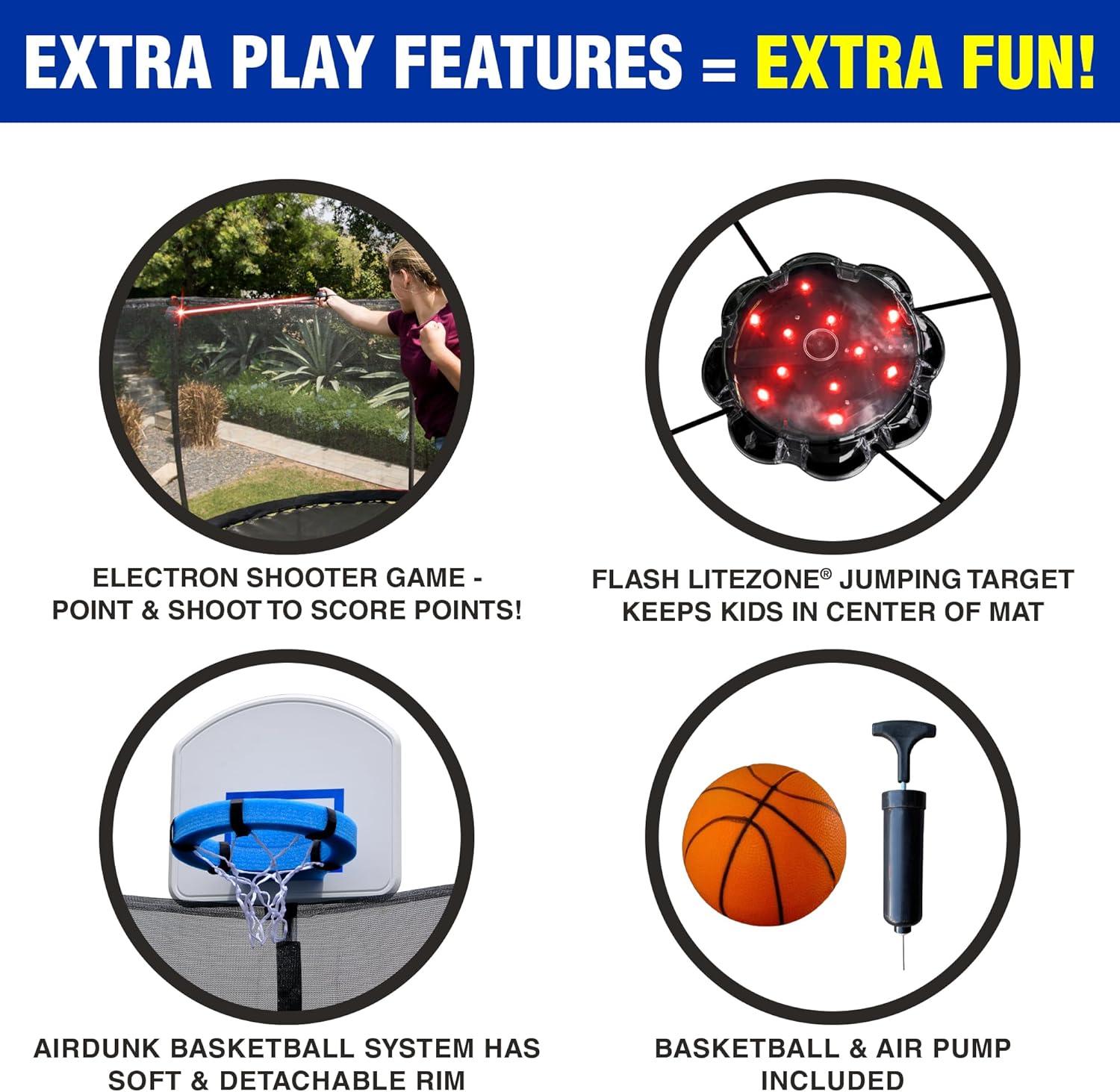 Sportspower TruJump 12 FT ULTIMATE MULTIPLAY Heavy Duty Outdoor Trampoline with Dunk Zone Basketball Hoop system, Safety Enclosure Net, Electron Shooter, Water Anchor, Flashlite Zone and Phone Pouch