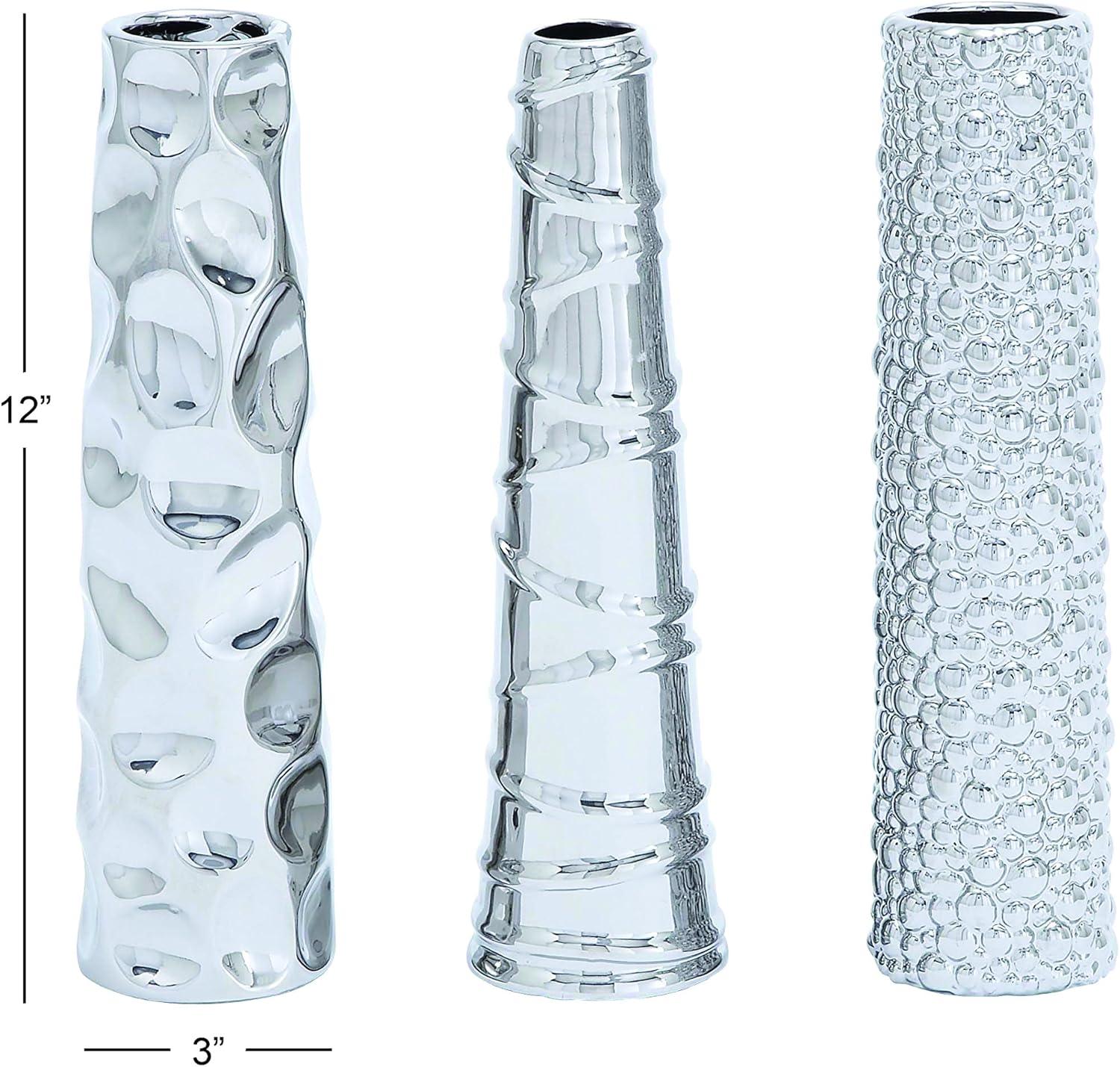 Elegant Trio Silver Ceramic Decorative Vases 12" Set of 3