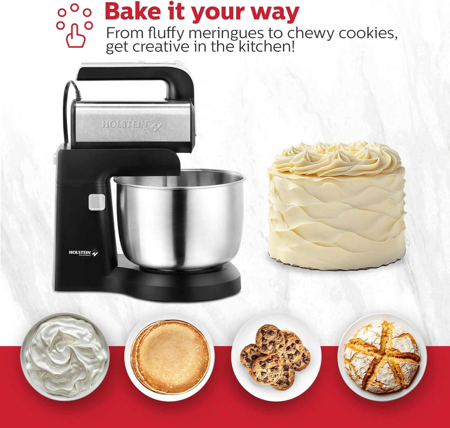 Holstein Housewares 2.9 QT 5-Speed Hand and Stand Mixer with LED Light, Black/Stainless Steel