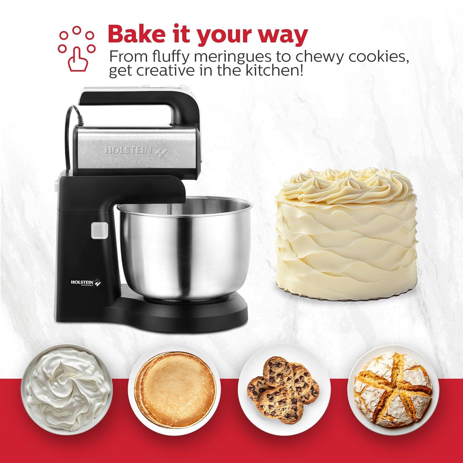 Holstein Housewares 2.9 QT 5-Speed Hand and Stand Mixer with LED Light, Black/Stainless Steel