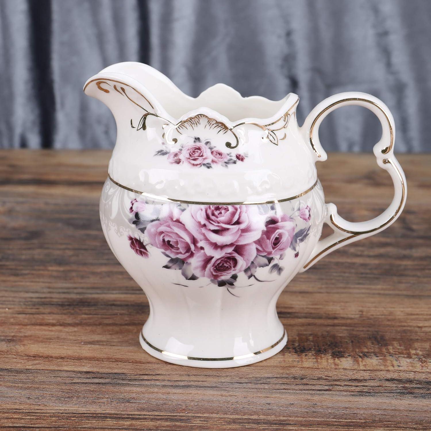 Elegant Purple Rose Porcelain Tea Set with Gold Trim