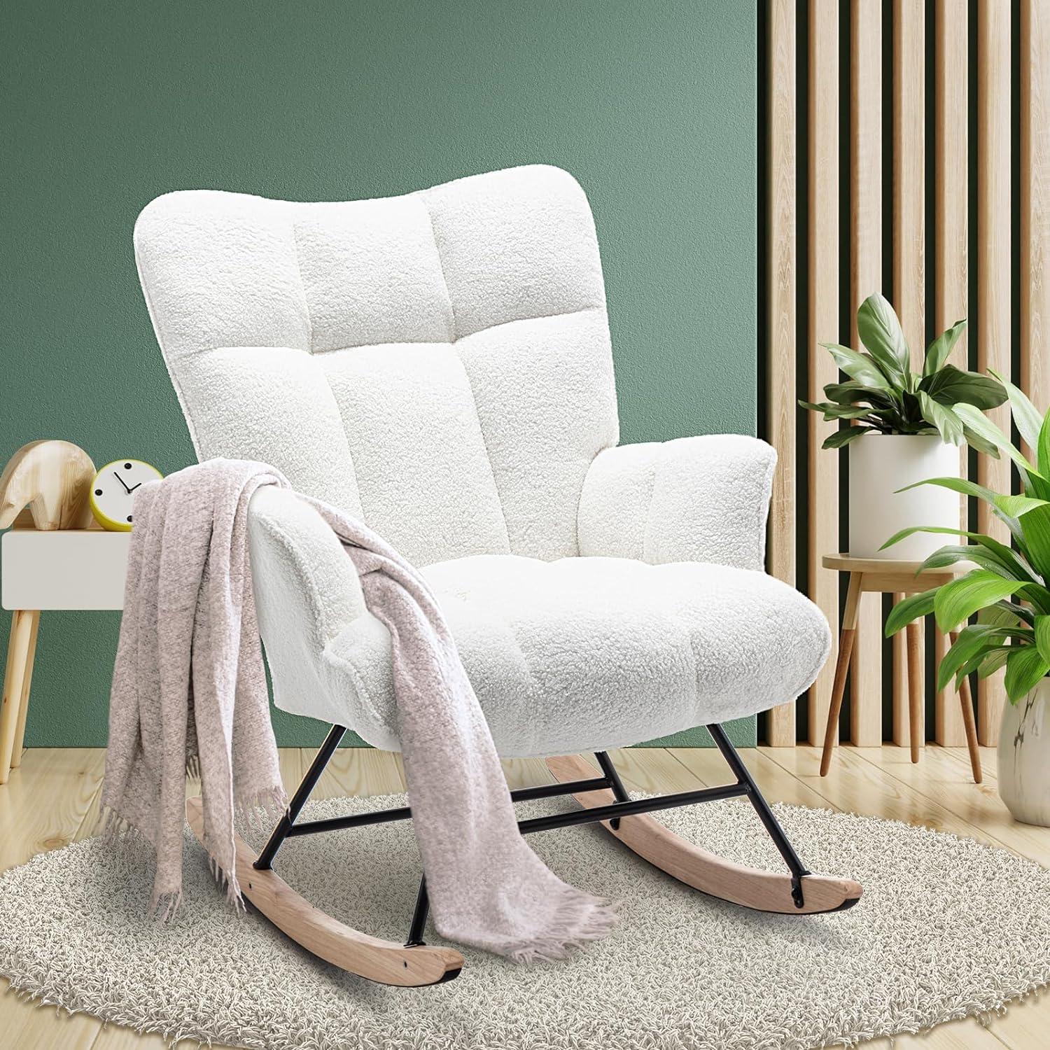 White Sherpa Upholstered Wingback Rocking Chair with Oak Legs