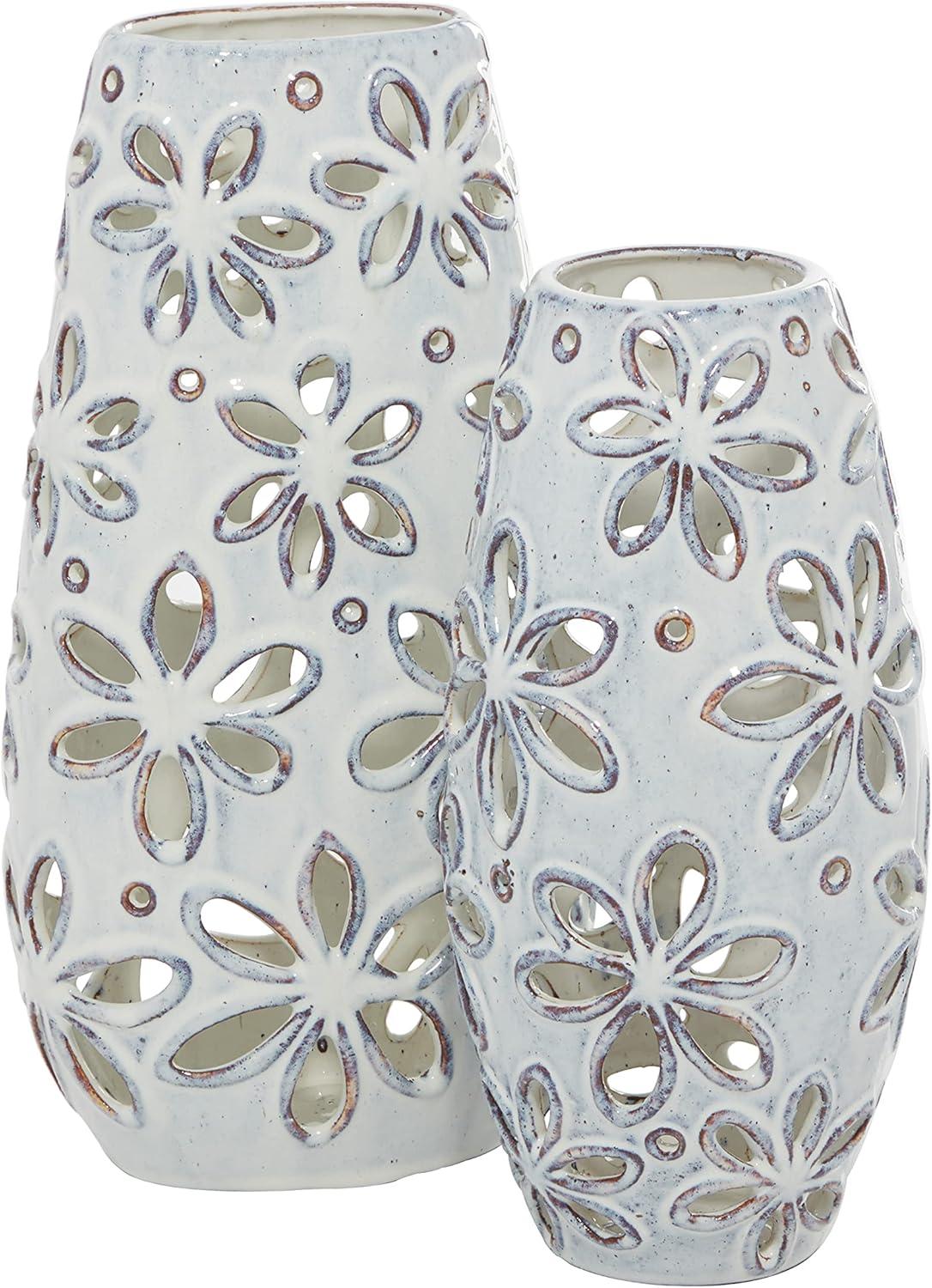 DecMode 14", 11"H Floral Handmade Daisy Cut Out White Ceramic Vase, Set of 2