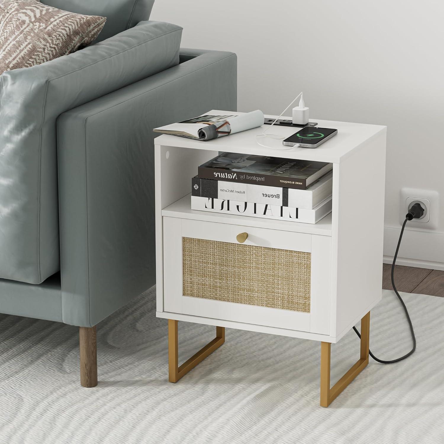 White and Gold Modern Rattan Nightstand with Drawer