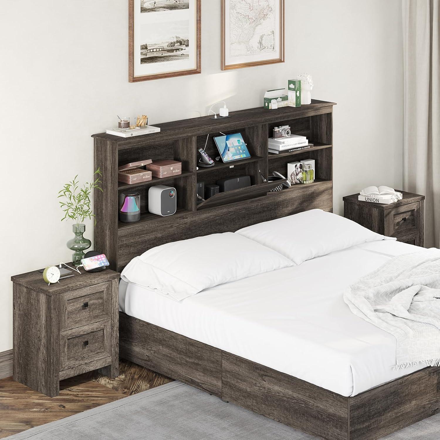 Rustic Grey 2-Drawer Nightstand Set with Charging Station