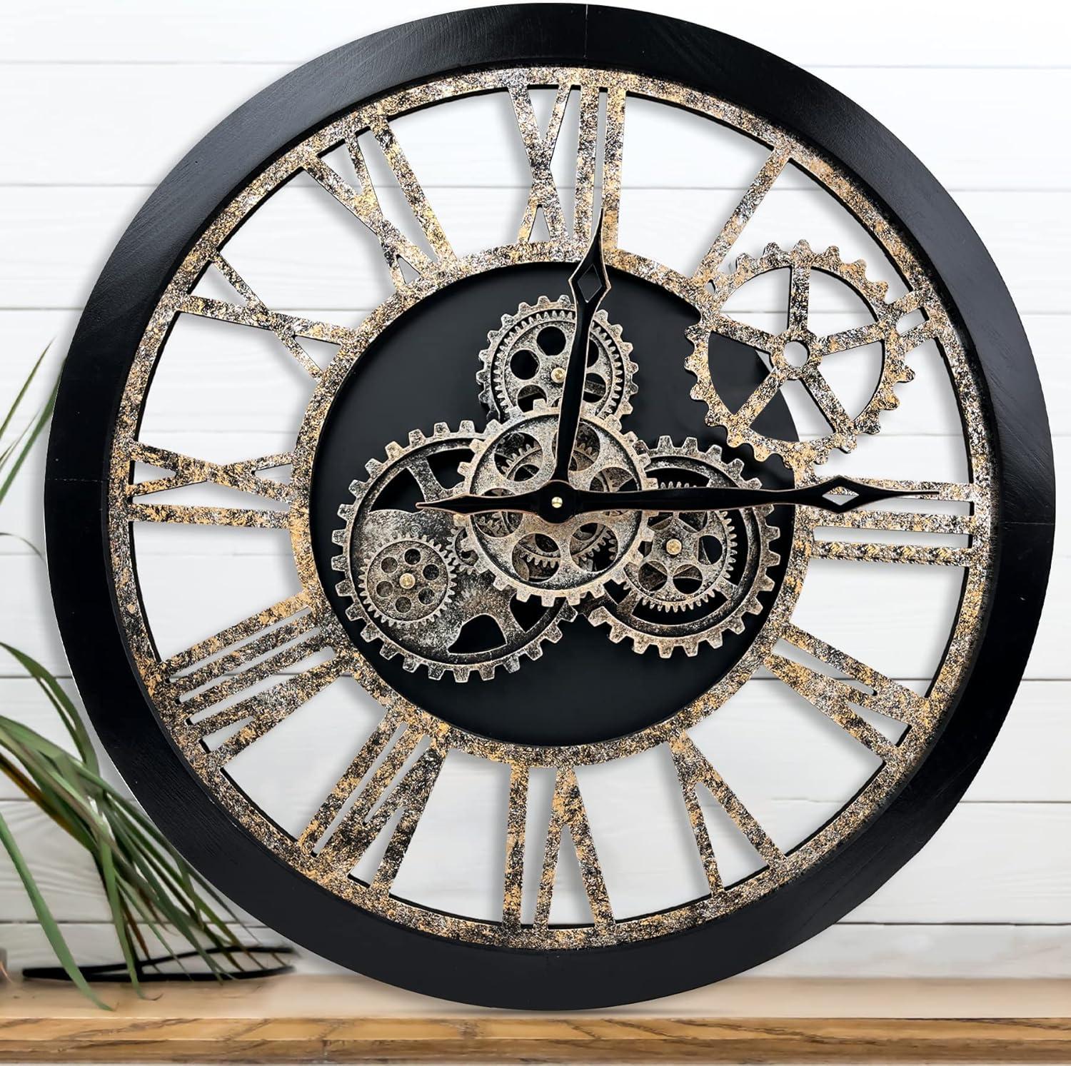 Vintage Black 24-Inch Industrial Wall Clock with Moving Gears