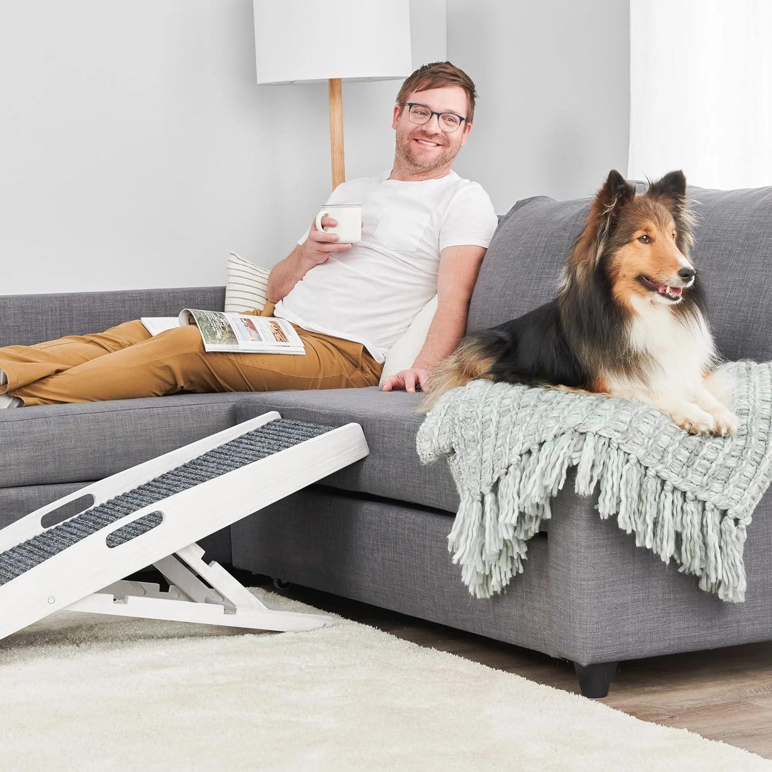 Carlson 39.5" Indoor Pet Ramp, White, Collapsible, Adjustable Height, Includes Handles, Non-Slip Carpet, and Rubber Feet.