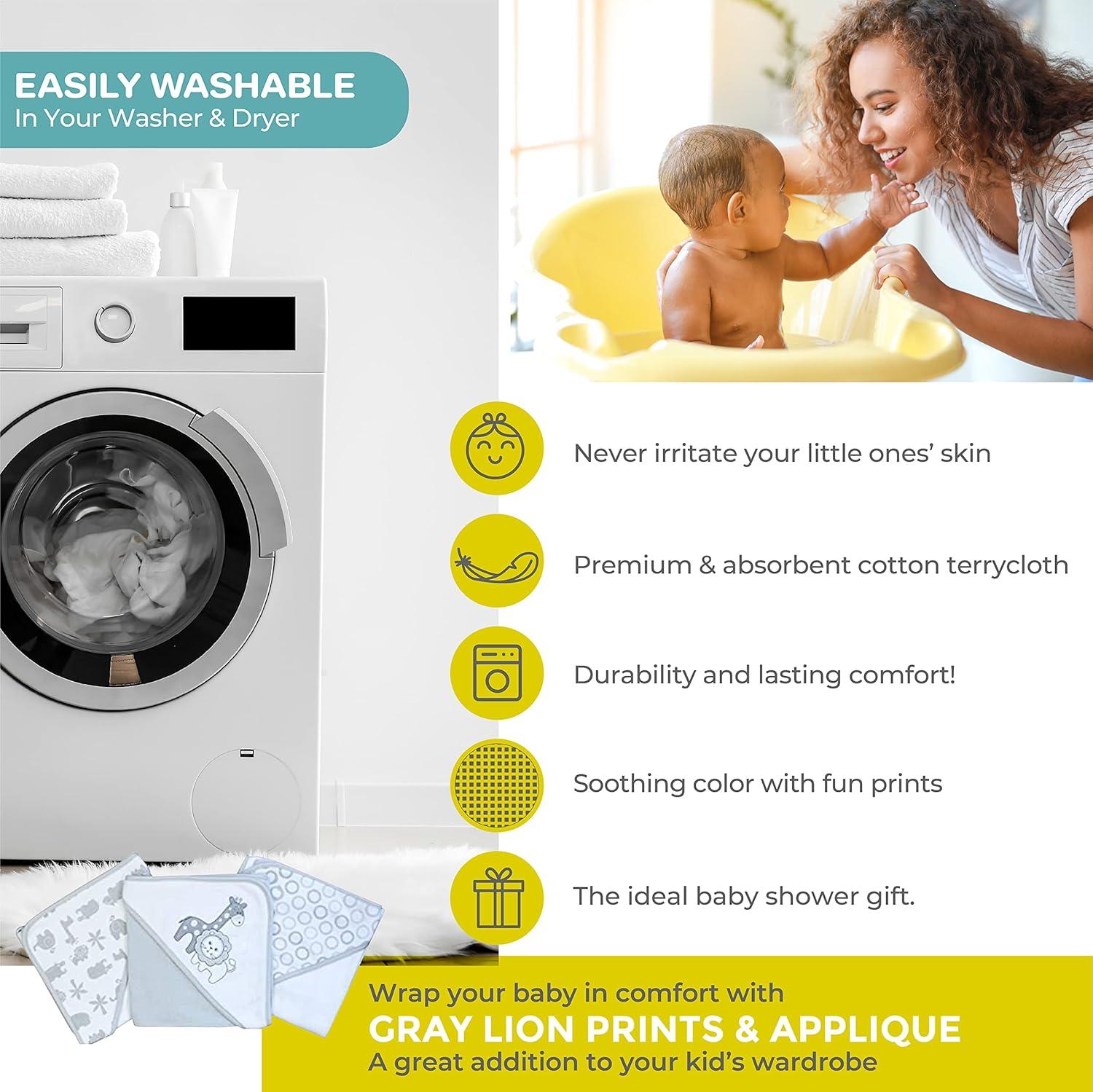 Spasilk Bath Hooded Towels & Washcloths Set for Babies, 23-Piece Gift Set, Gray Lion